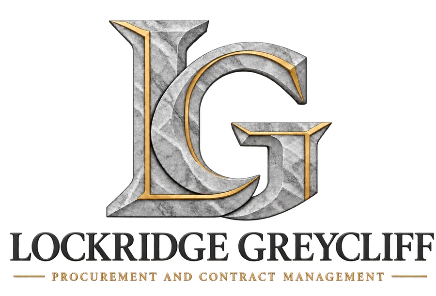 Lockridge Greycliff logo: an interlocking stone LG monogram with gold inlay above the words Lockridge Greycliff, Procurement and Contract Management