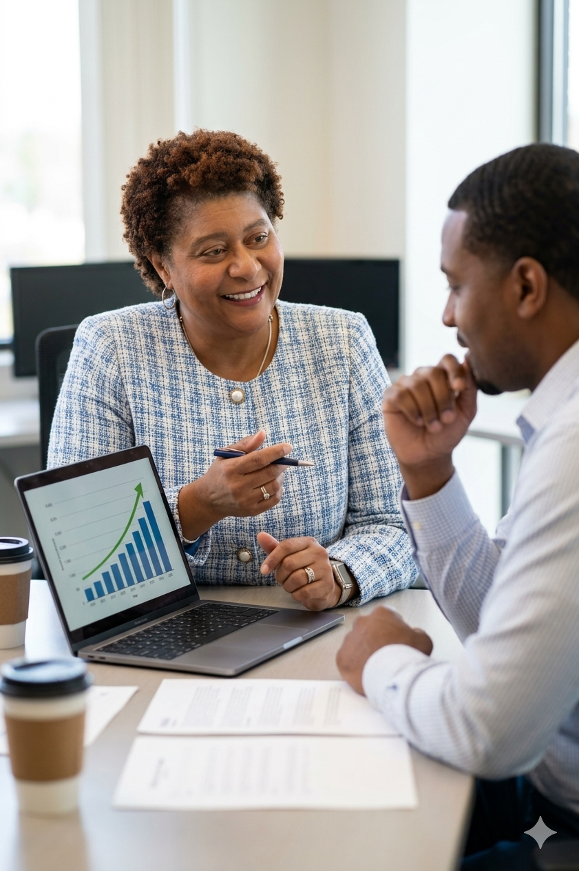 Avenice Thompson reviewing profit numbers with a business owner