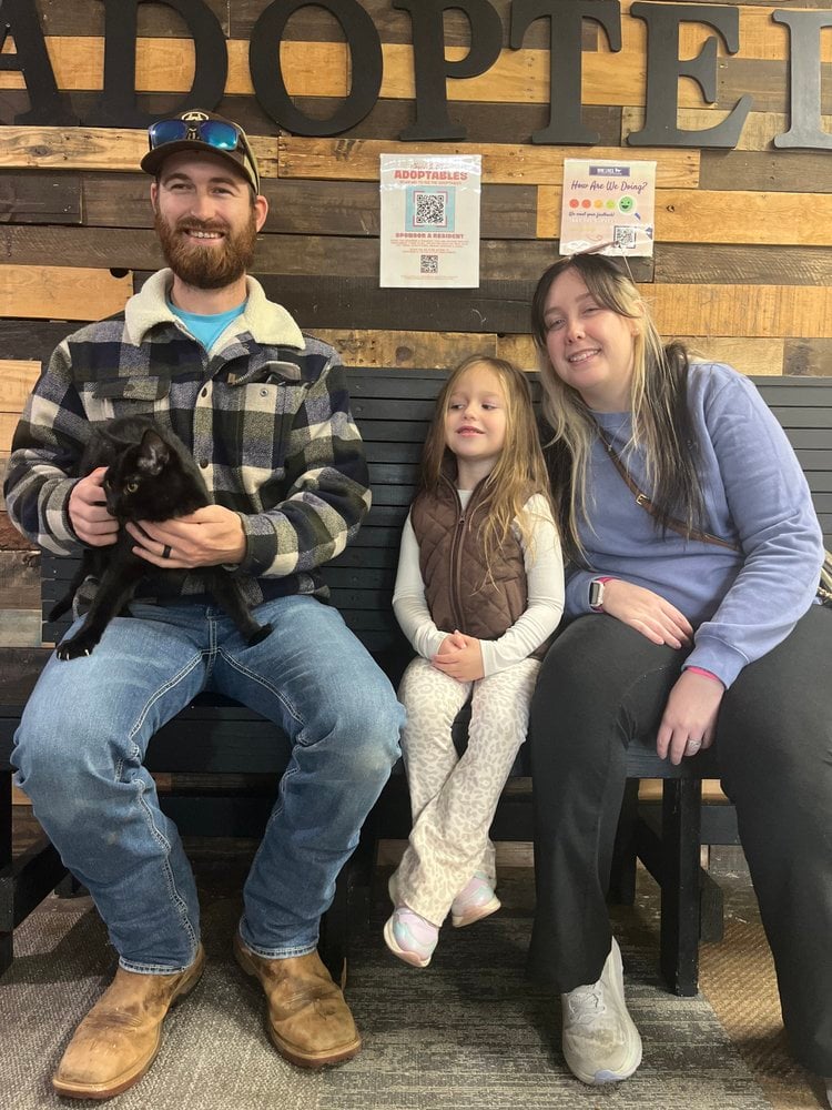 A family celebrating an adoption with a black cat at Nine Lives