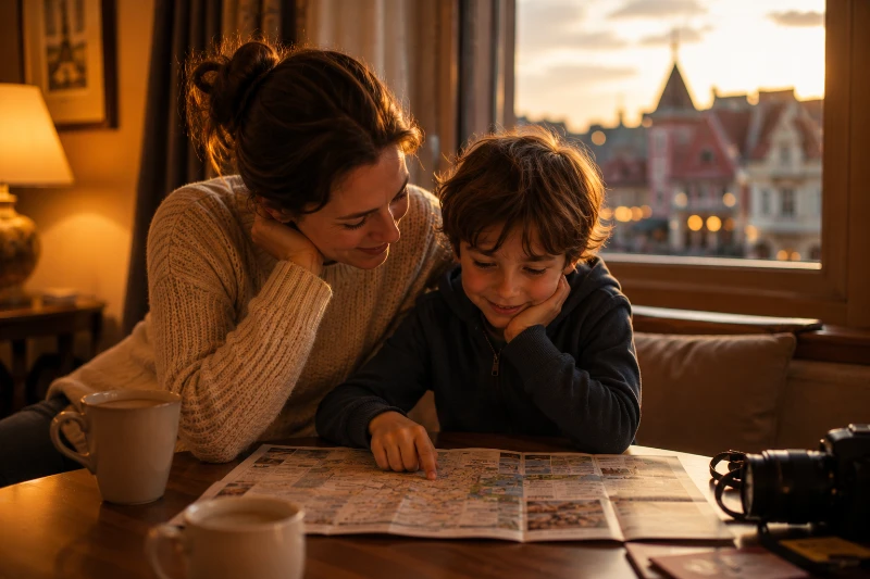 Familia descansando y planificando tranquilamente su viaje Disney en un ambiente acogedor