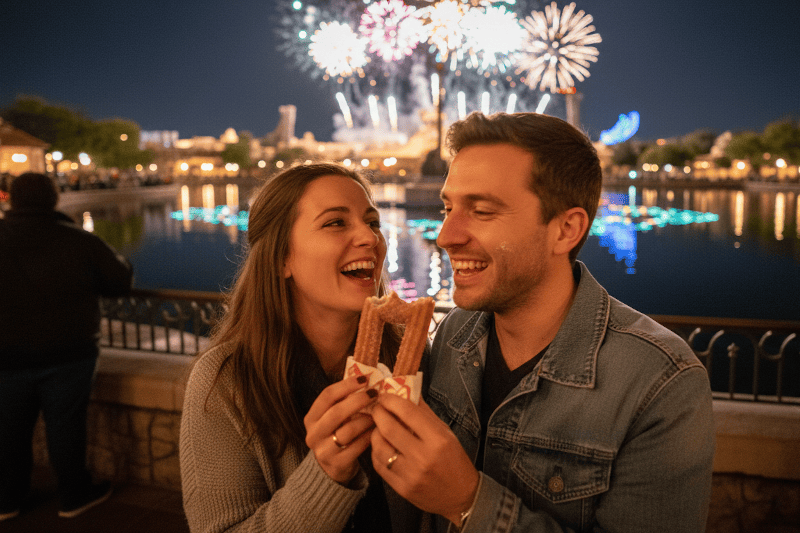 Pareja sonriendo mientras comparte un snack frente a un show nocturno