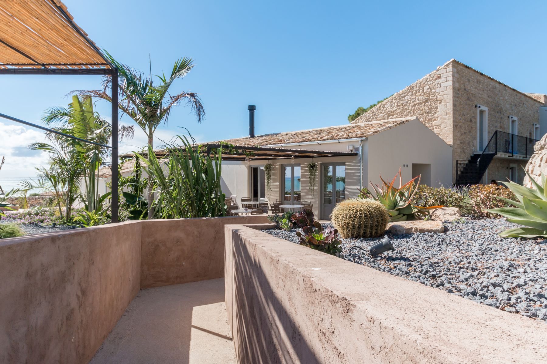 The garden of succulents and palms beside the terrace