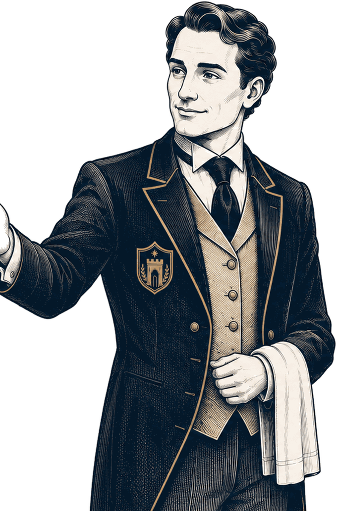 Butler, the steward of The Family Keep, presenting with a welcoming gesture