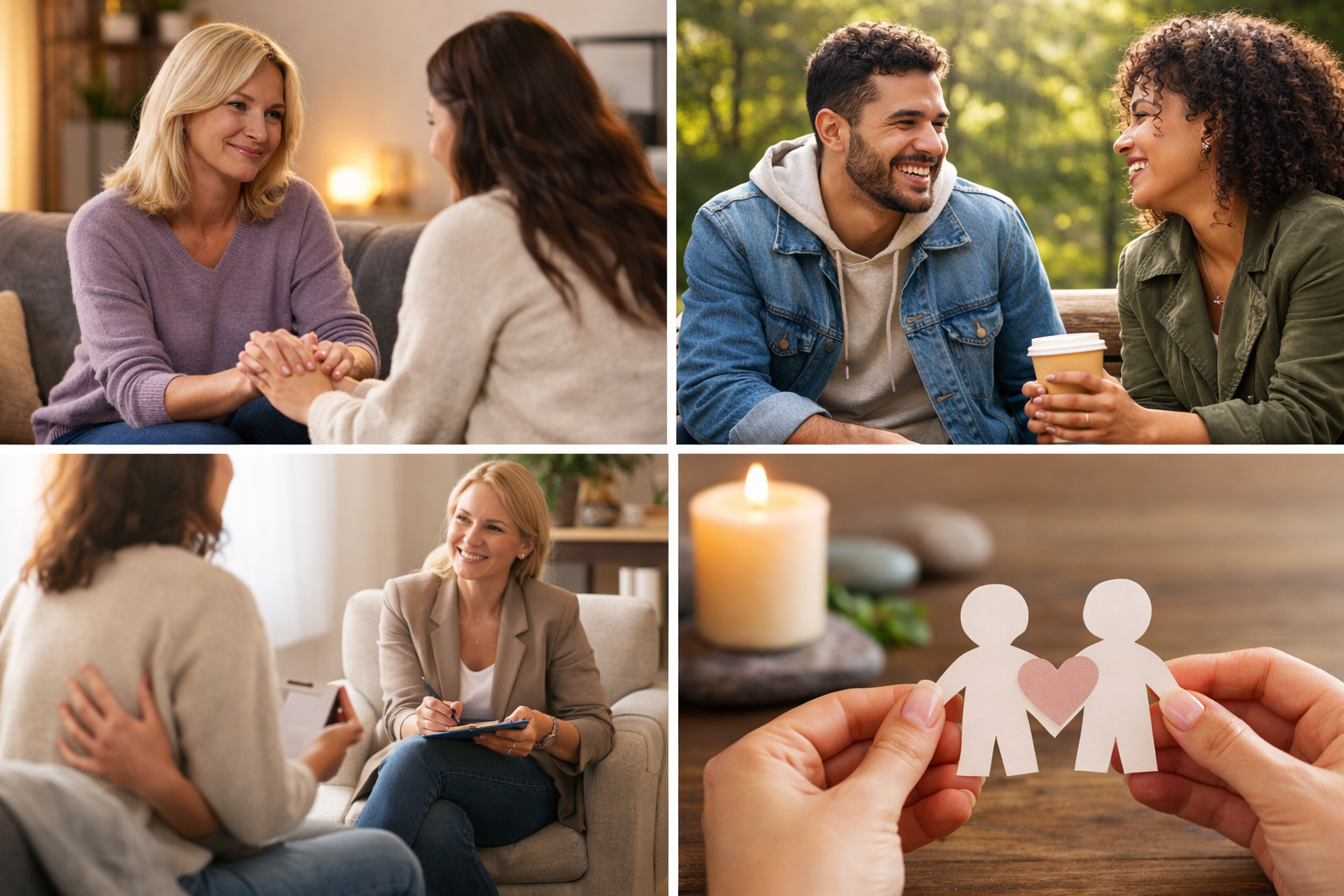 An image split into 4 of lots of different people connected. Couples, therapy, friends.