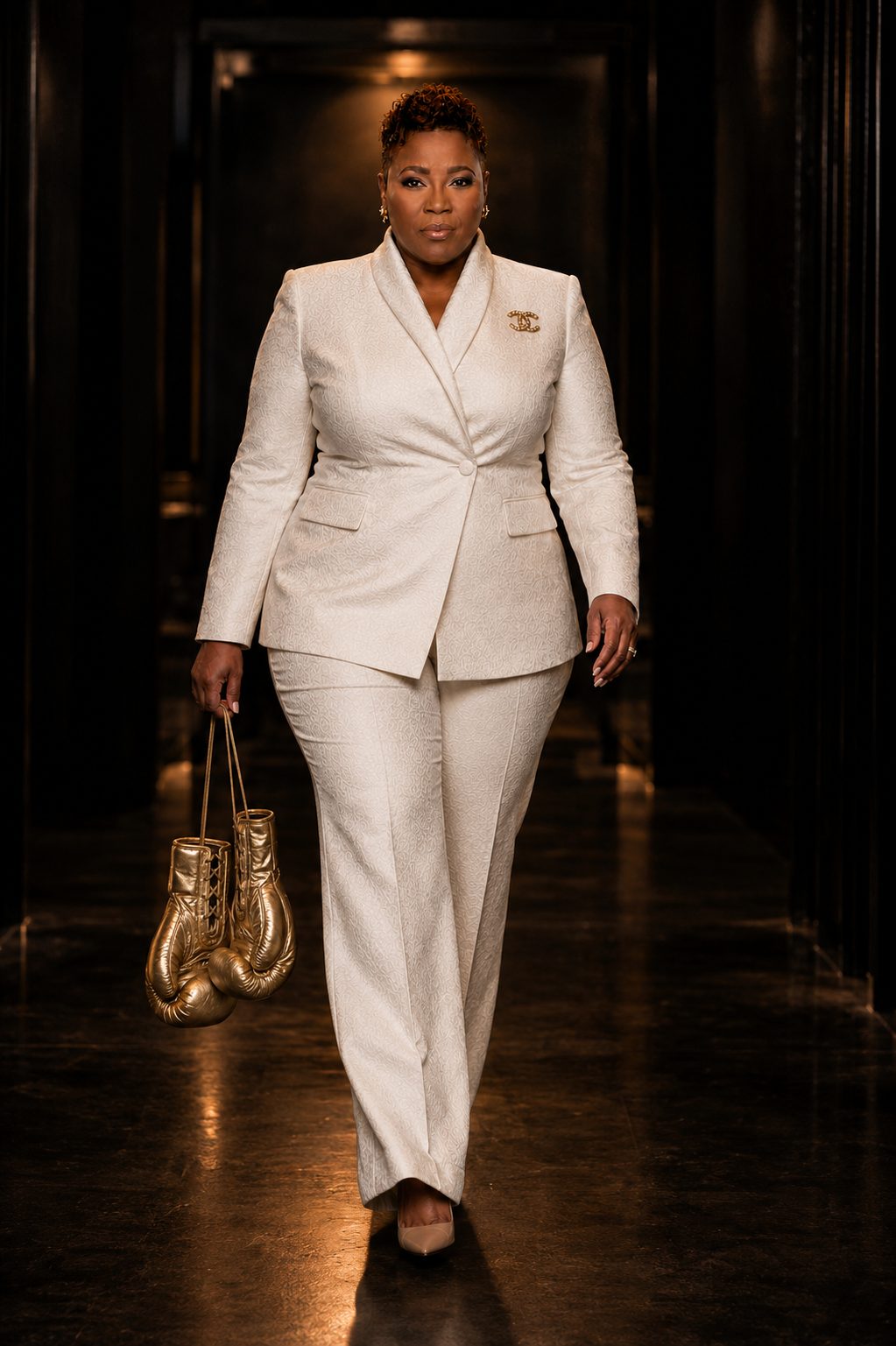 Mary H. Davis walking in white suit carrying gold boxing gloves — Authority Leadership Blueprint Sprint