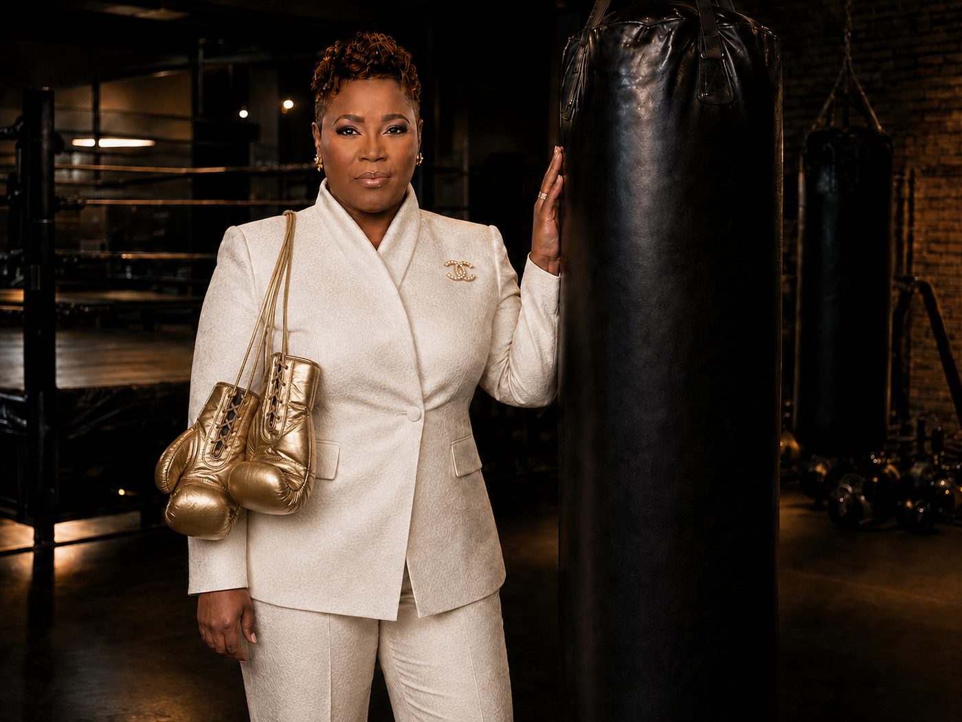 Mary H. Davis in white suit with gold boxing gloves next to boxing bag