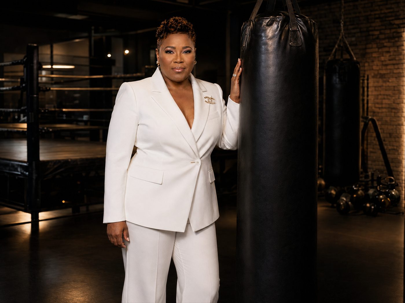 Mary H. Davis in white suit standing next to boxing bag