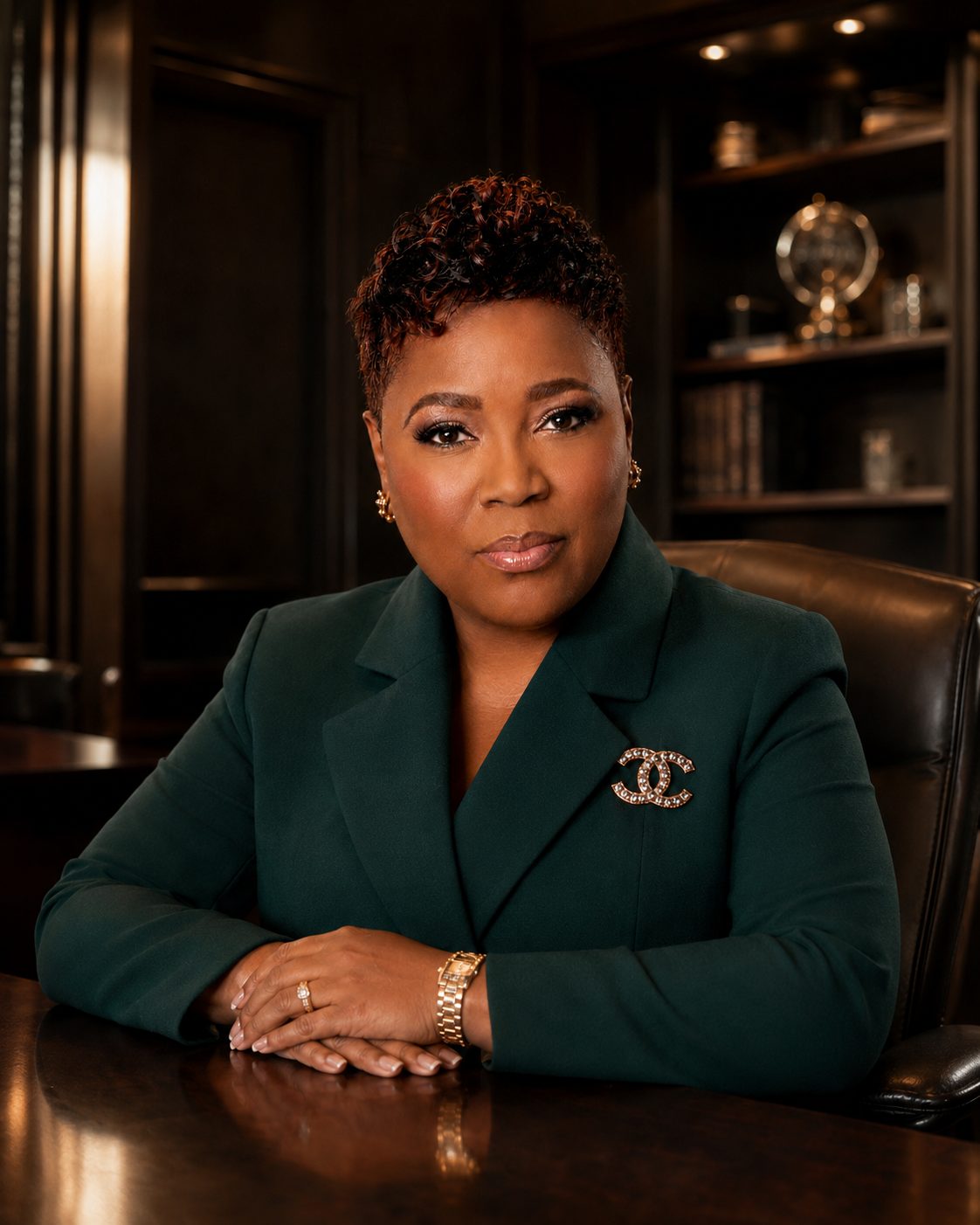 Mary H. Davis seated at boardroom table in forest green suit — executive authority portrait
