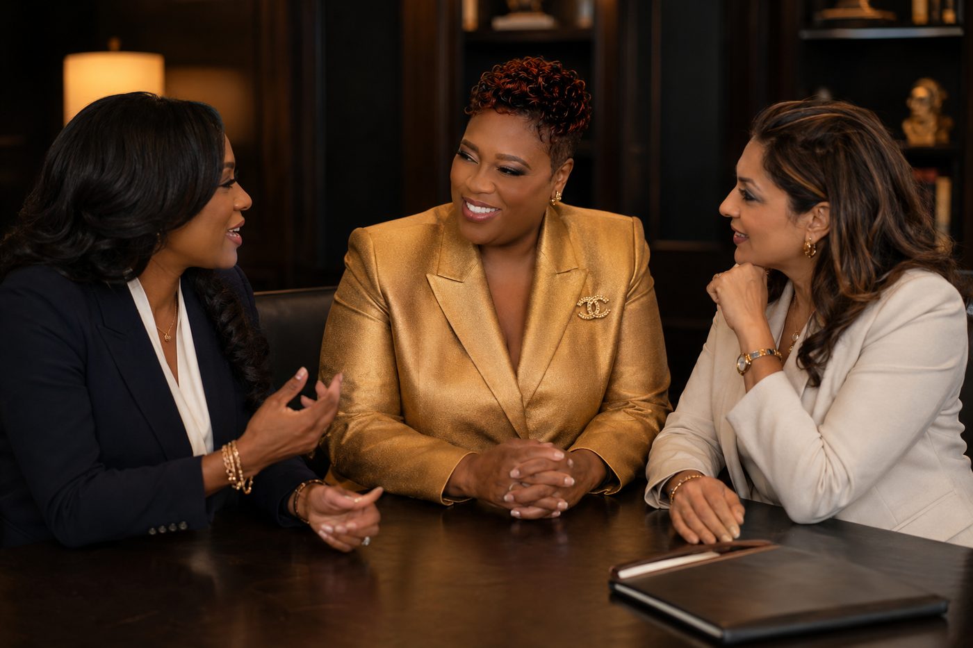 Mary H. Davis in gold suit in peer conversation with two senior women leaders at boardroom table
