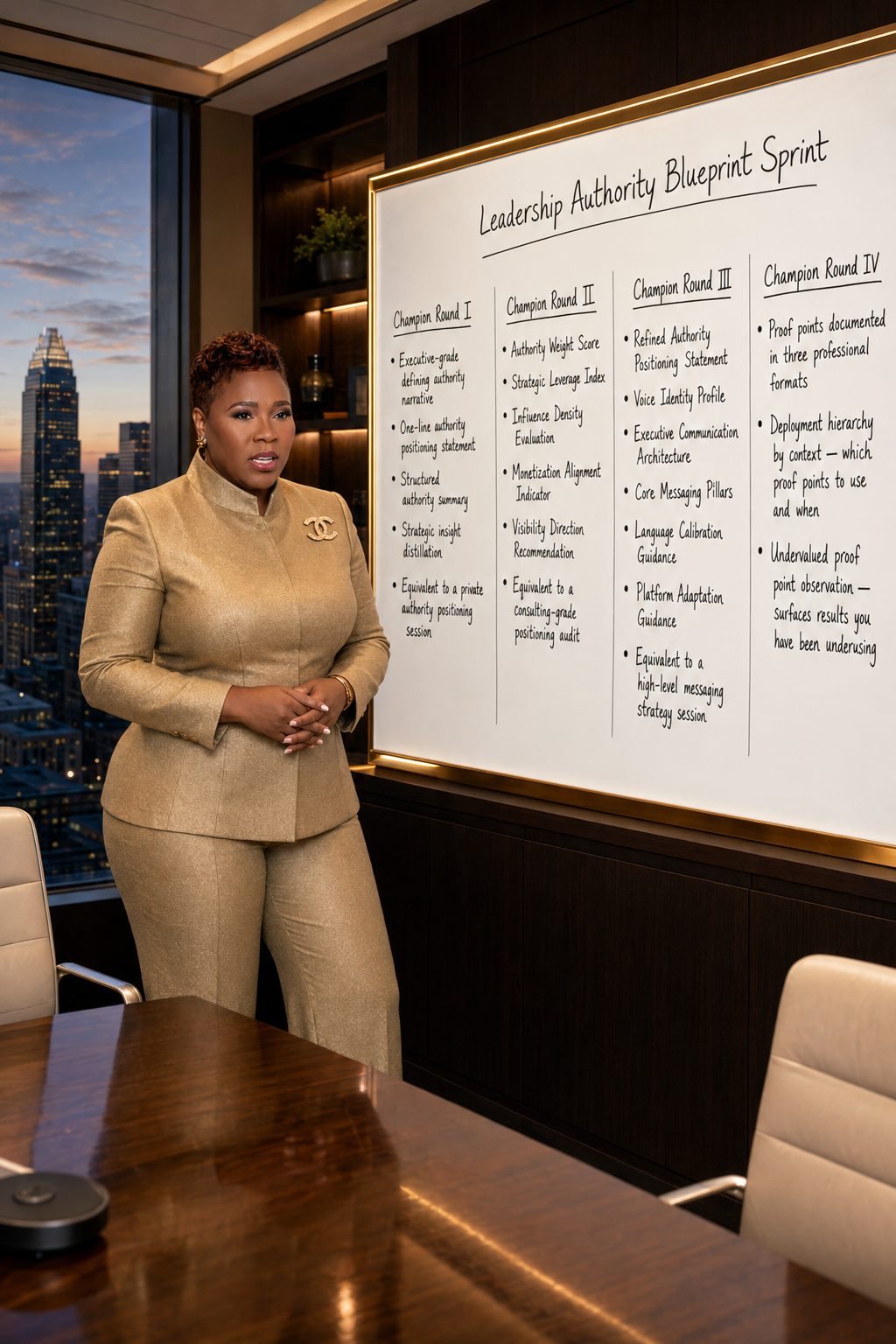 Mary H. Davis in gold suit presenting the Leadership Authority Blueprint Sprint whiteboard with Charlotte skyline at sunset