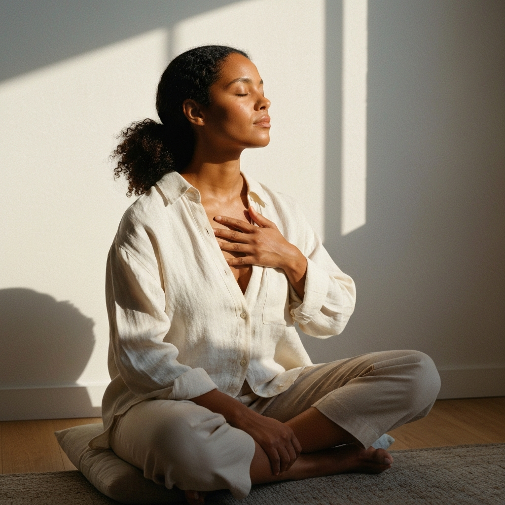 Respiration apaisée, mains posées sur le ventre