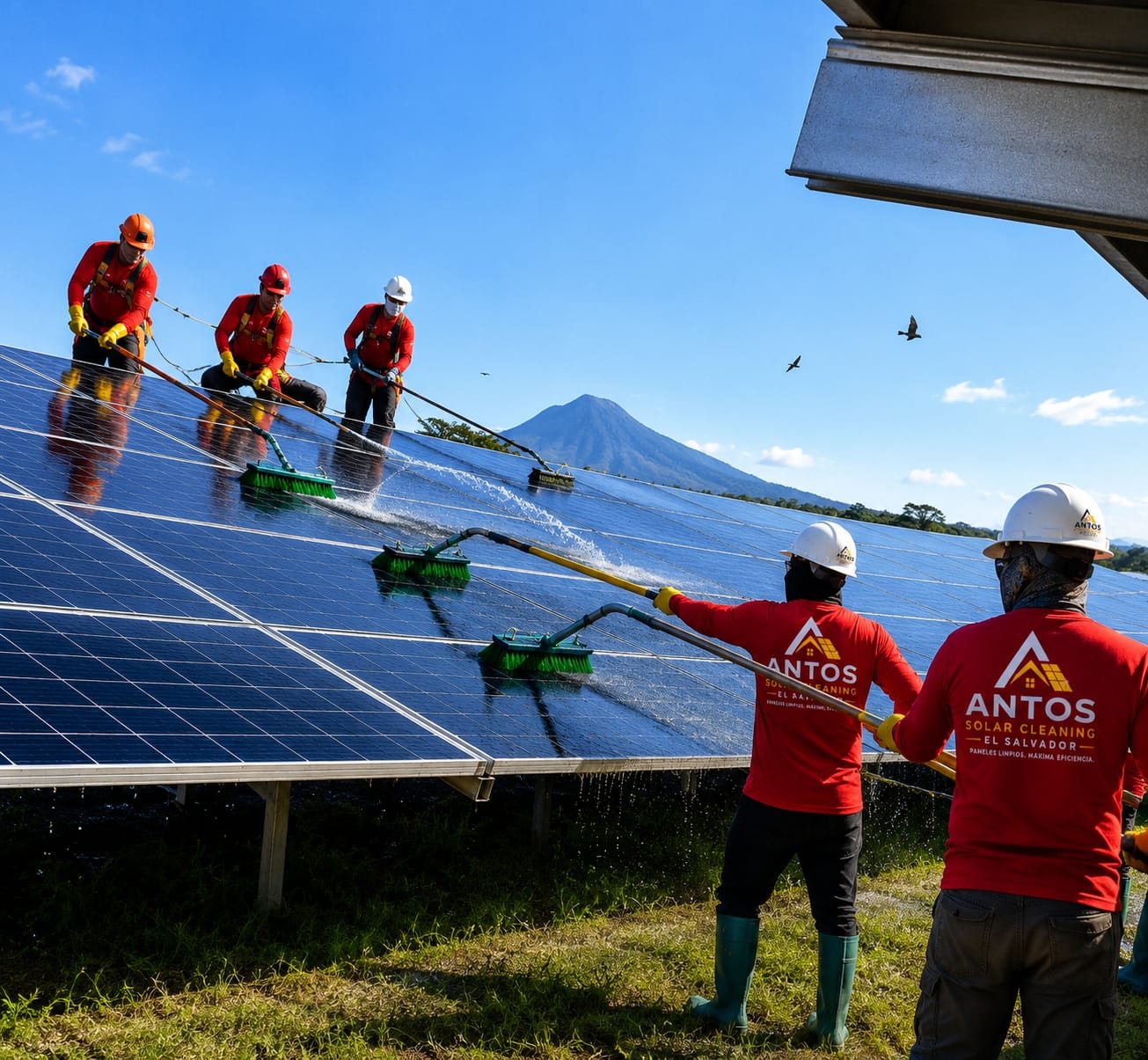 Técnicos de Antos lavando paneles solares con el volcán de fondo