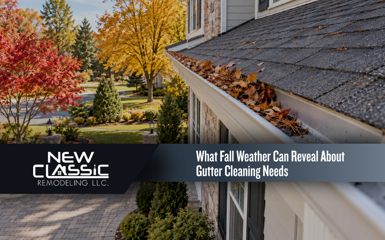 Residential gutter filled with leaves and debris before seasonal cleaning