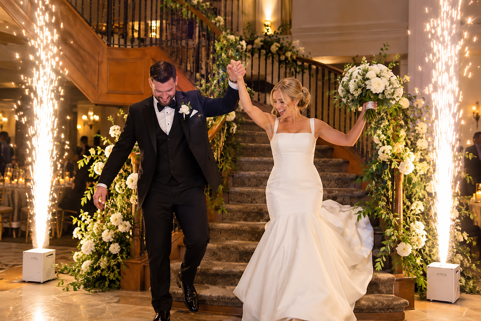 Couple making their entrance between two columns of cold sparks