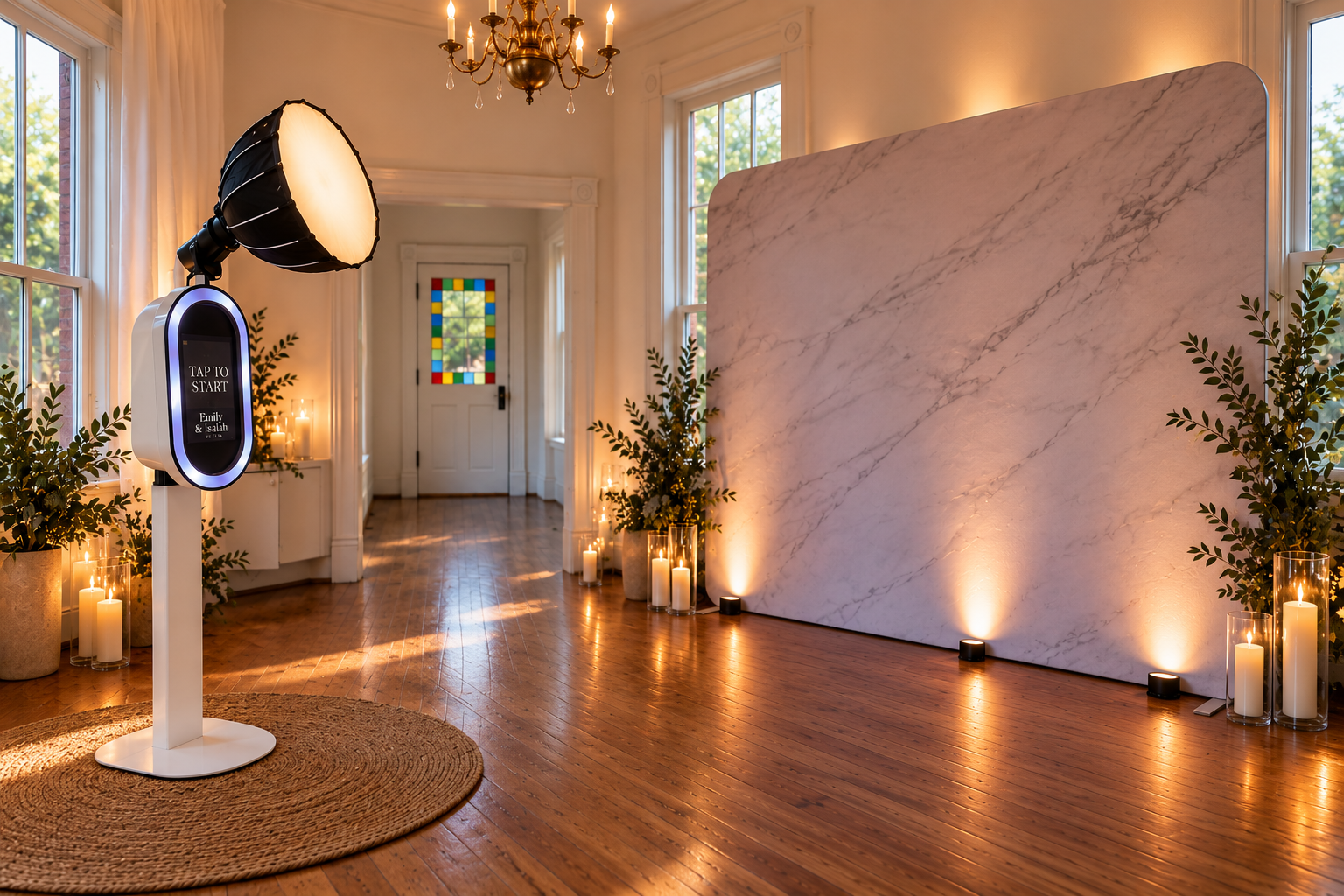Photo booth with a marble backdrop, set up in a venue
