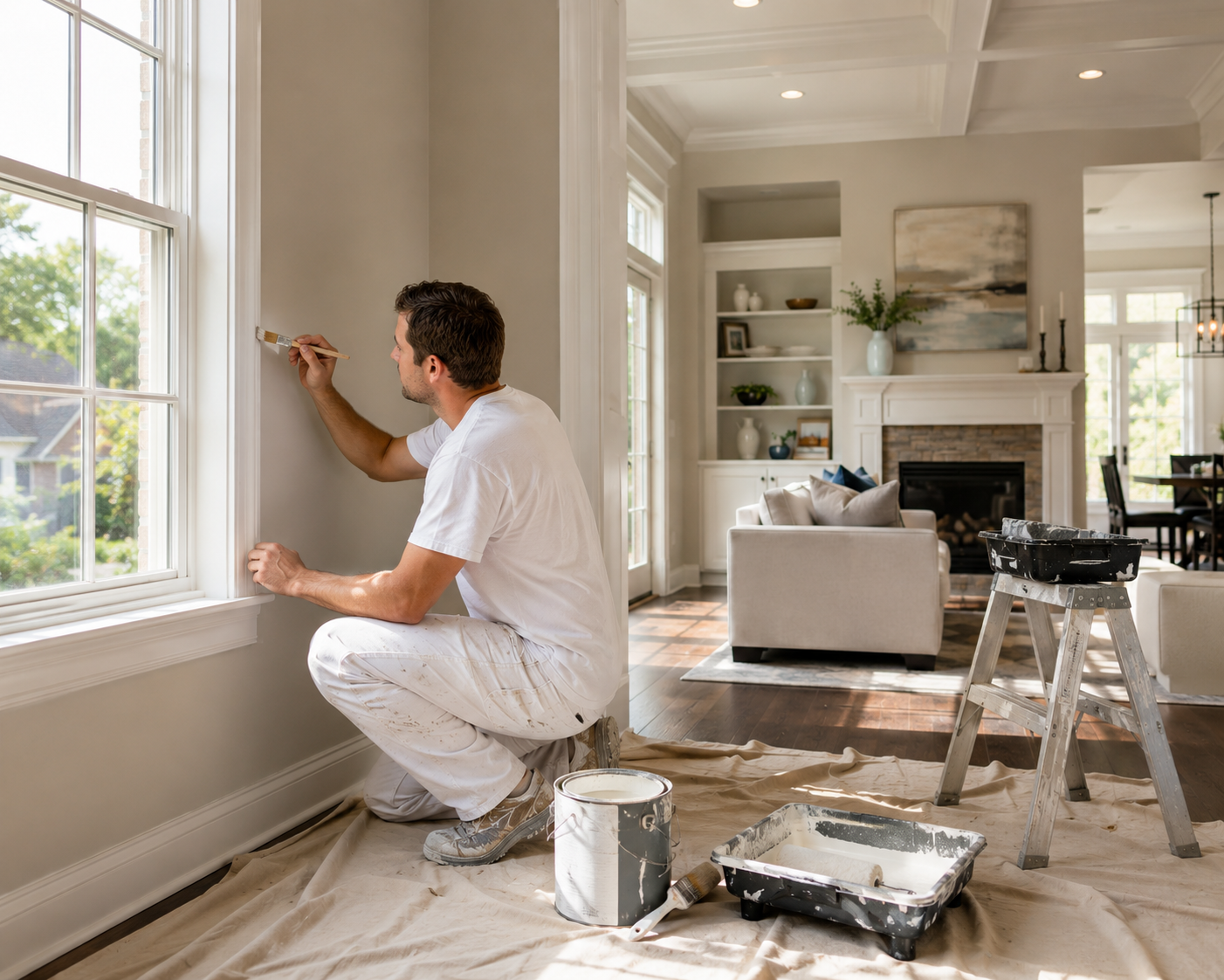 Interior house painter hand-cutting trim by a window in a bright Liberty, MO living room