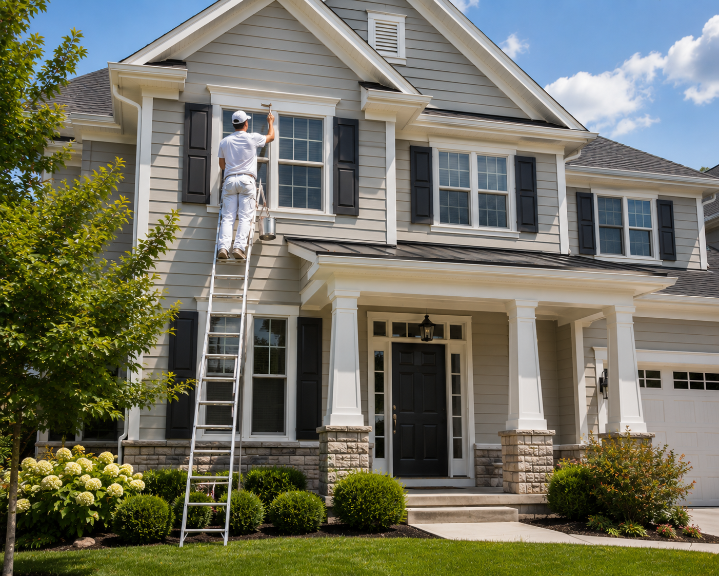 Exterior house painter on a ladder painting window trim on a large two-story home in Liberty, MO
