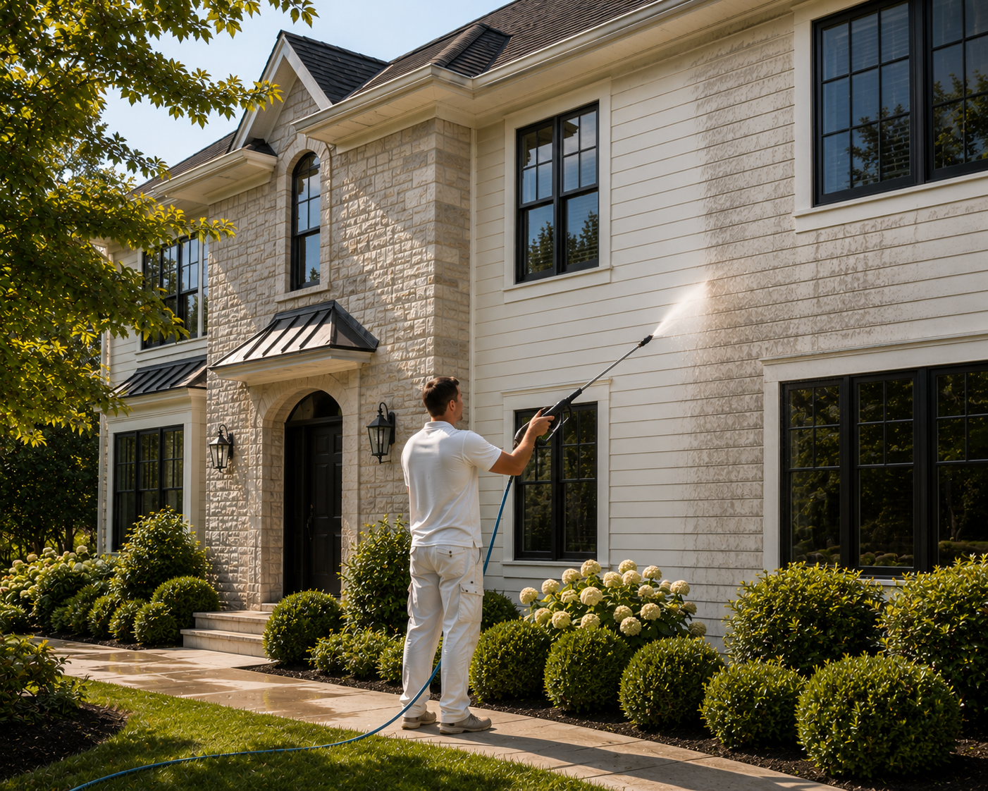 Worker pressure washing the exterior siding of a large luxury home in Liberty, MO