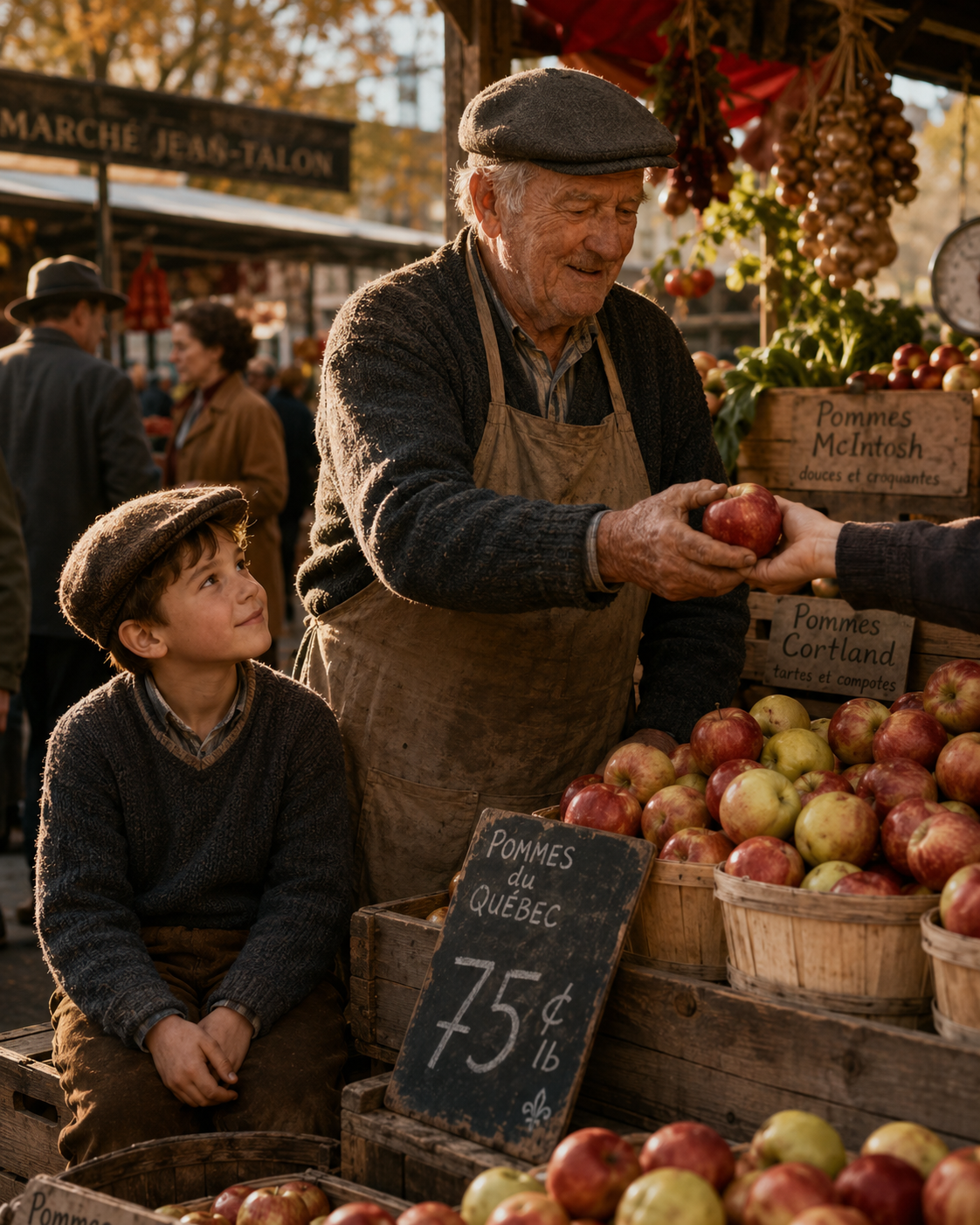 Gunther Gnass, Chris's grandfather, selling apples at a farmers market in Montreal, Canada