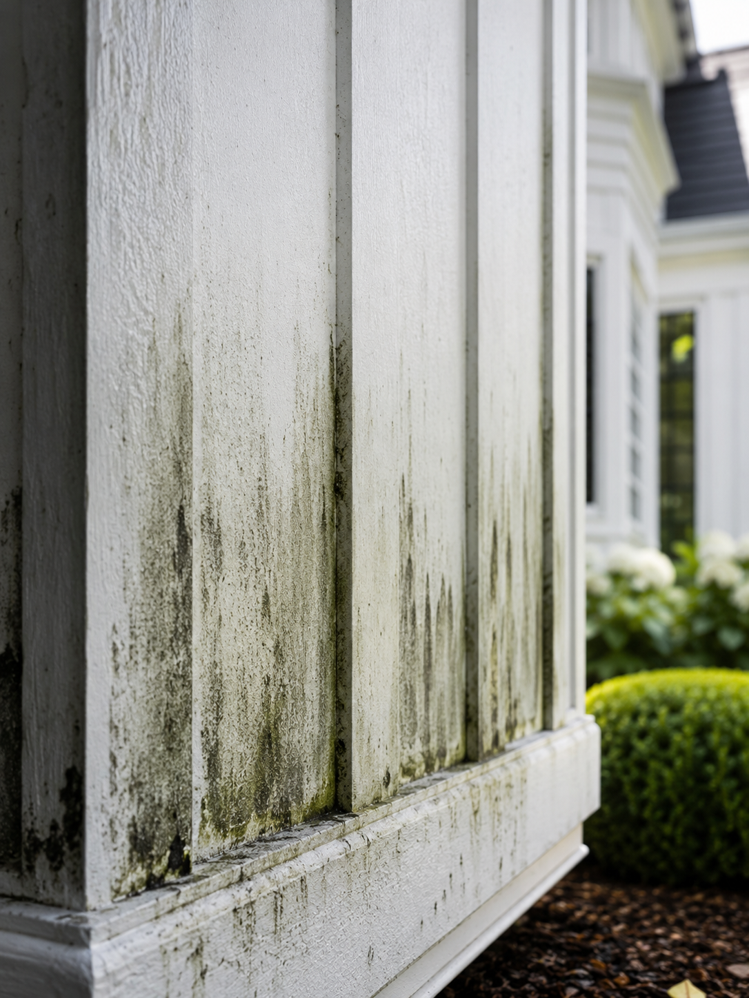 Algae and grime on siding before pressure washing
