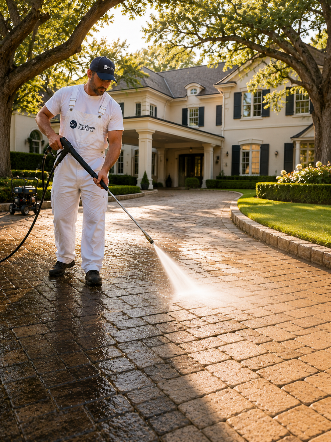 Big House Painters crew pressure washing a luxury home