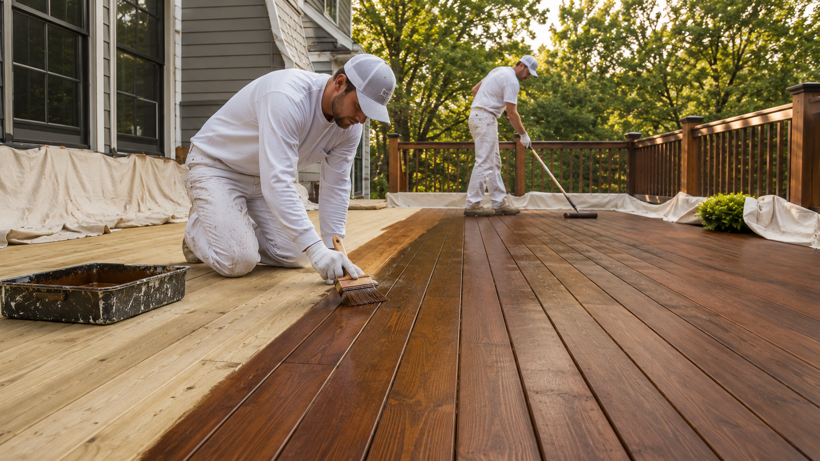 Deck staining crew at work in Liberty, MO