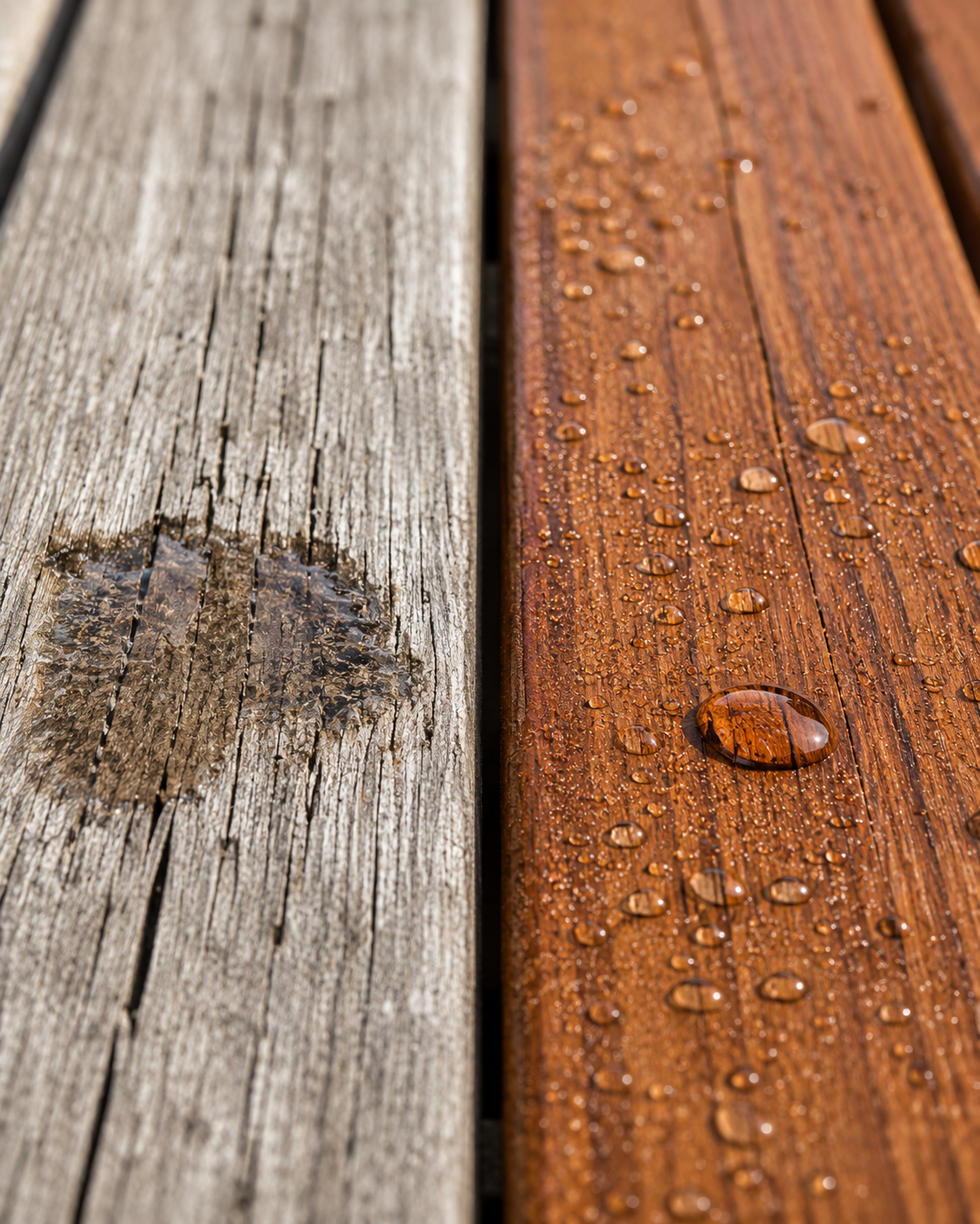 Weathered deck boards versus freshly stained deck in Liberty, MO