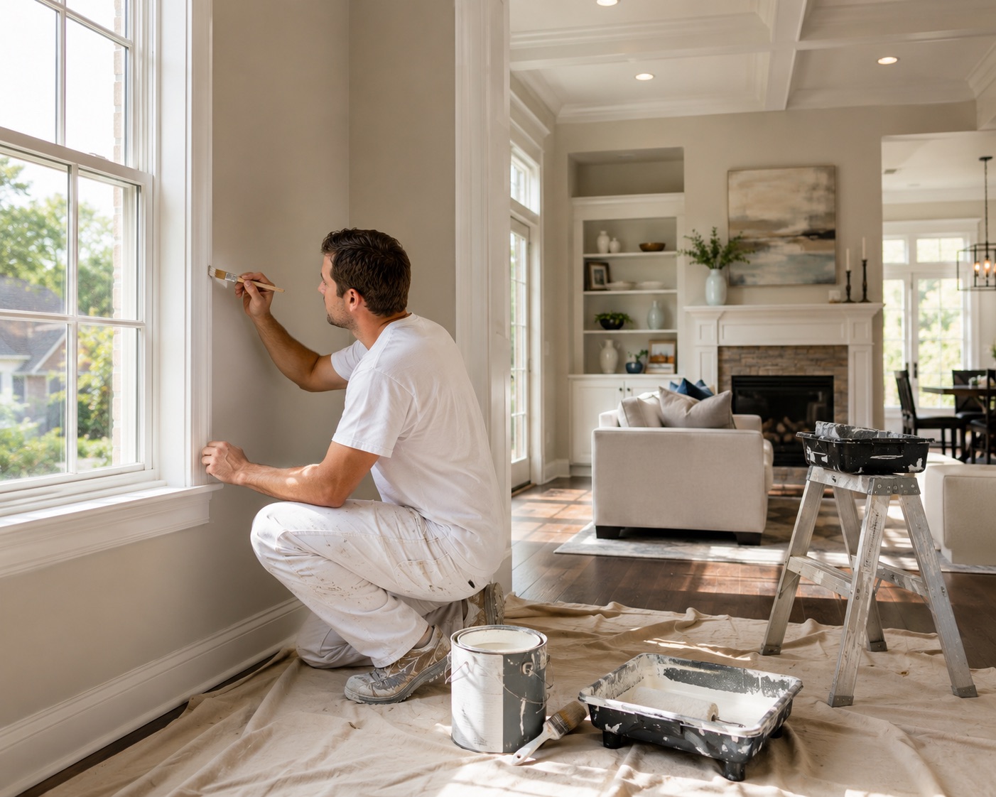 Interior house painter hand-cutting trim by a window in a bright Liberty, MO living room