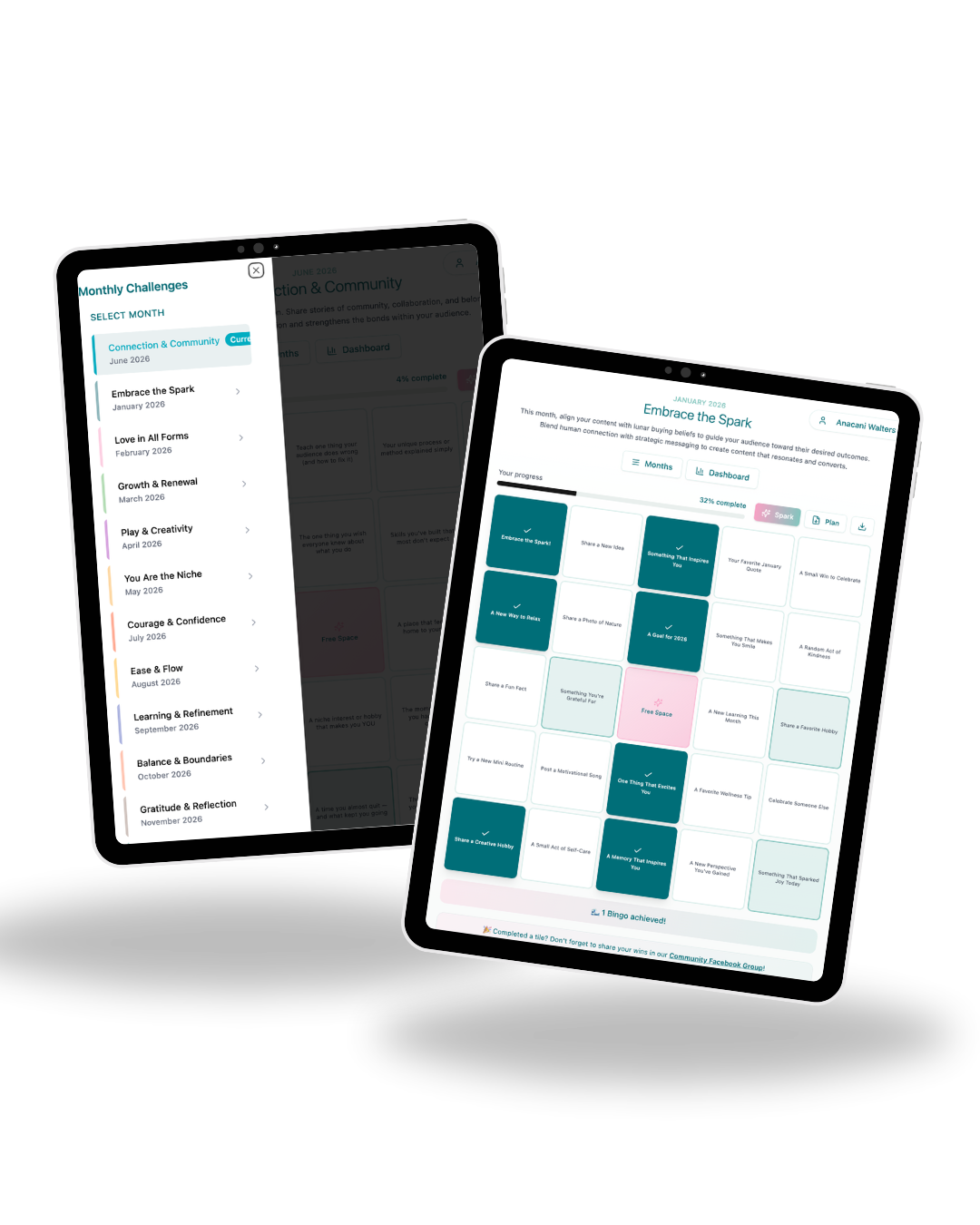 Embrace the Spark content BINGO challenge shown on two tablets