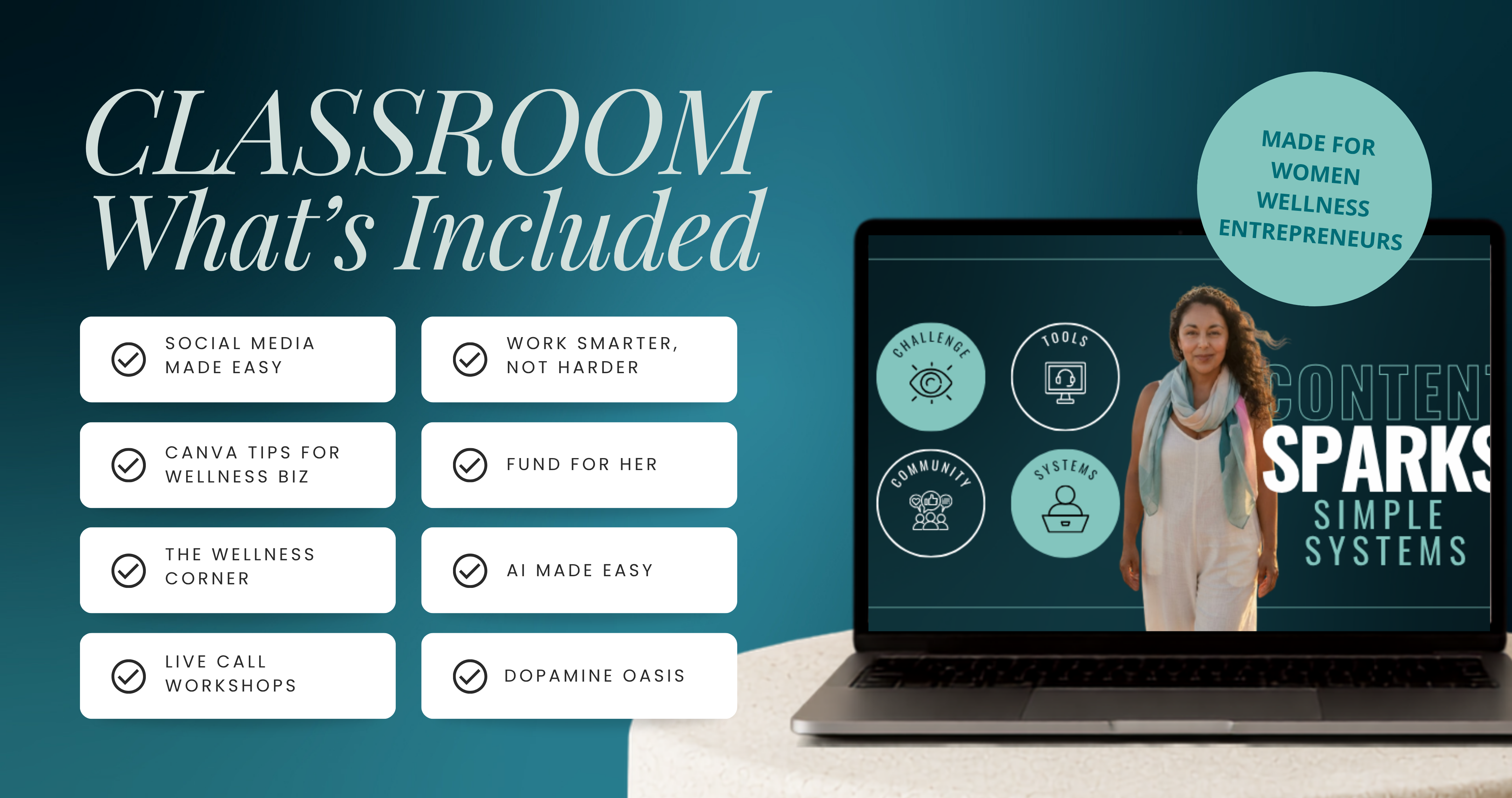 The EmpowerHER Wave community classroom, with social media, Canva, AI and wellness workshops listed