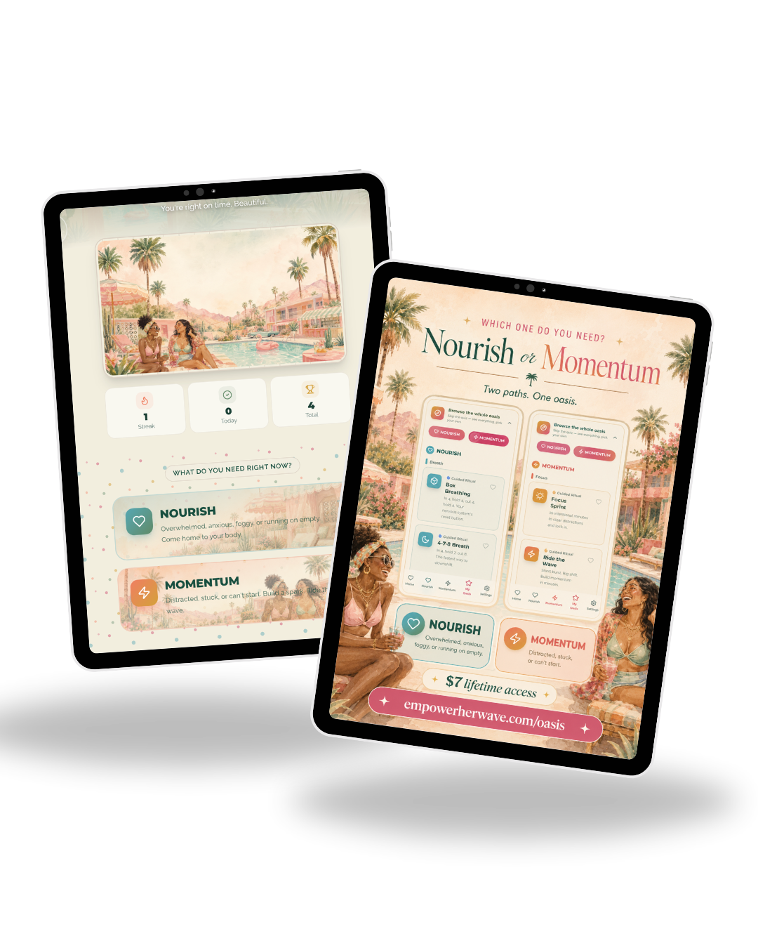 The Dopamine Oasis app shown on two tablets, asking whether you need Nourish or Momentum