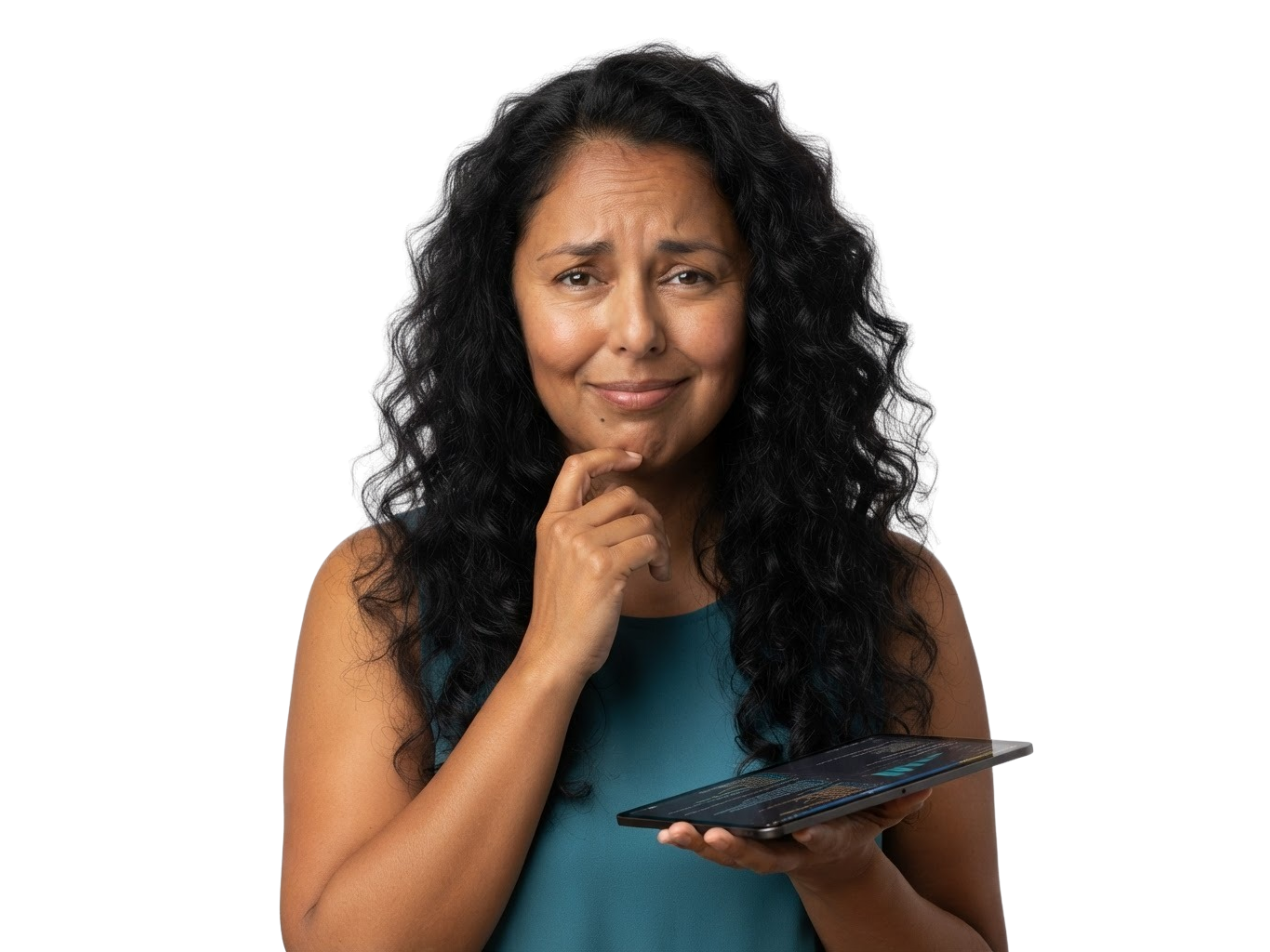 Anacani Walters, founder of EmpowerHER Wave, holding a tablet with a puzzled look on her face