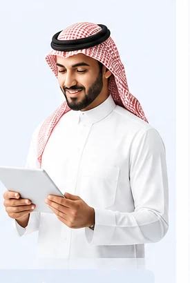 موظف سعودي يستخدم جهازًا لوحيًا لمتابعة محادثات العملاء