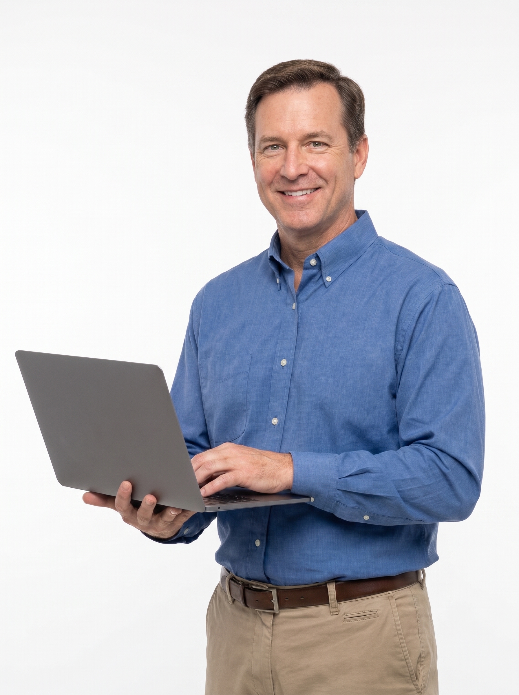 An American business owner reviewing his customer platform on a laptop