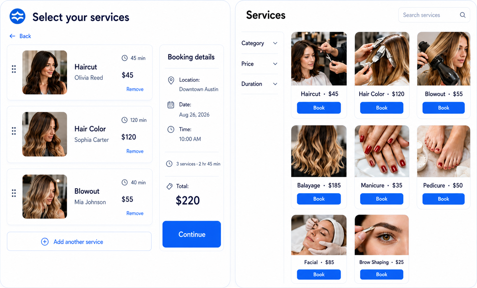 Combinu service calendar showing multiple selected salon services with duration, staff, price, booking details, and a browsable service catalog