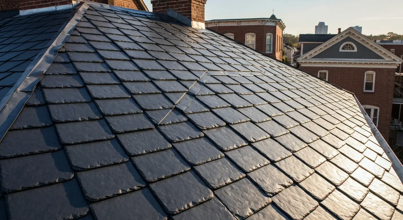 Metal shingle roof resembling slate