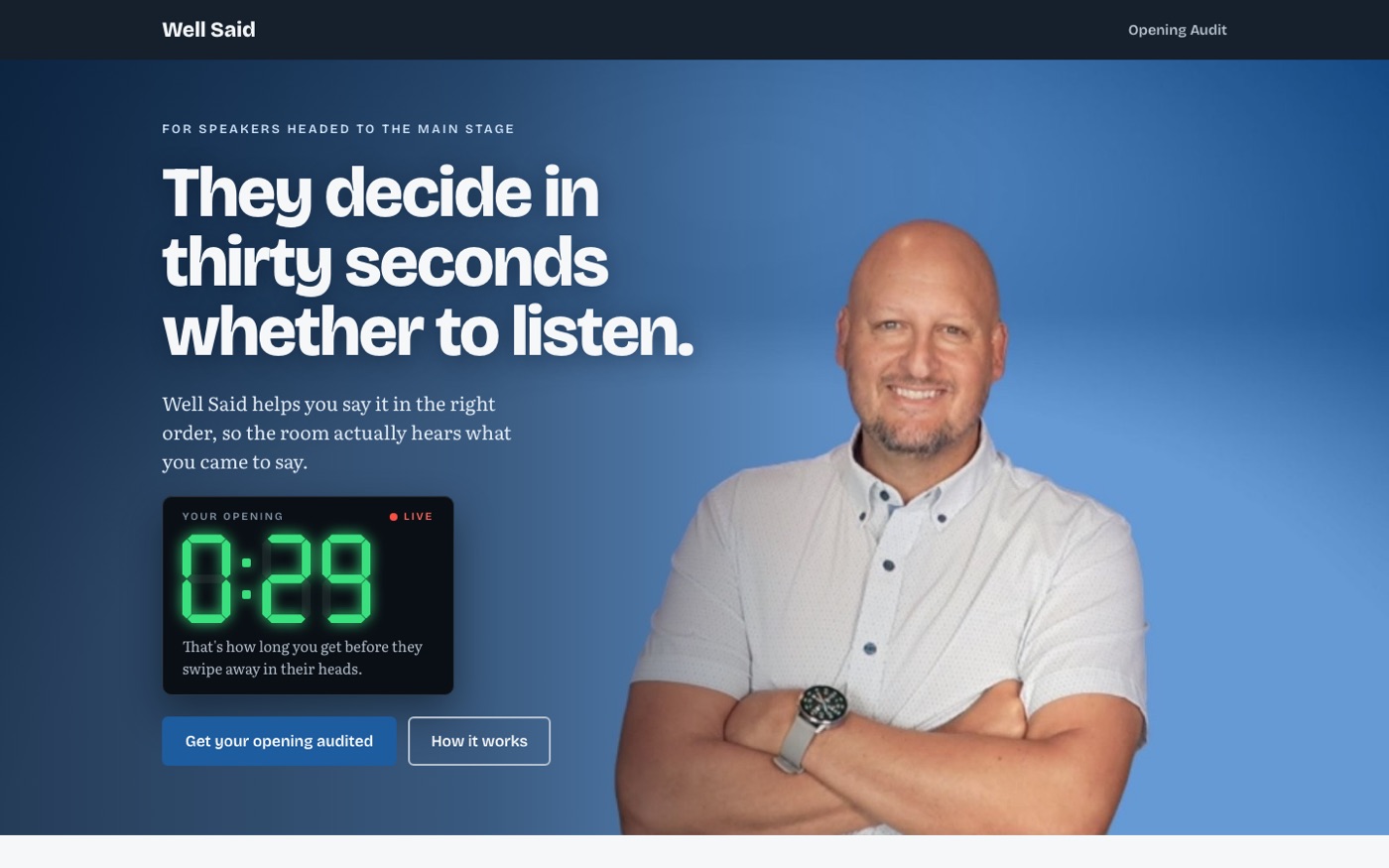 The Well Said homepage with a countdown clock