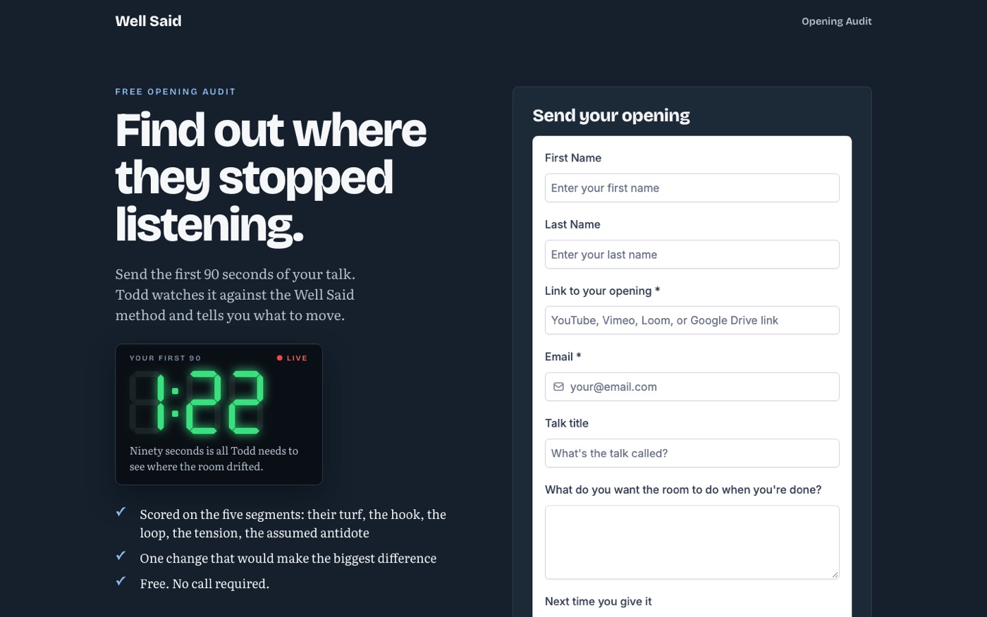 The live Opening Audit page with its form