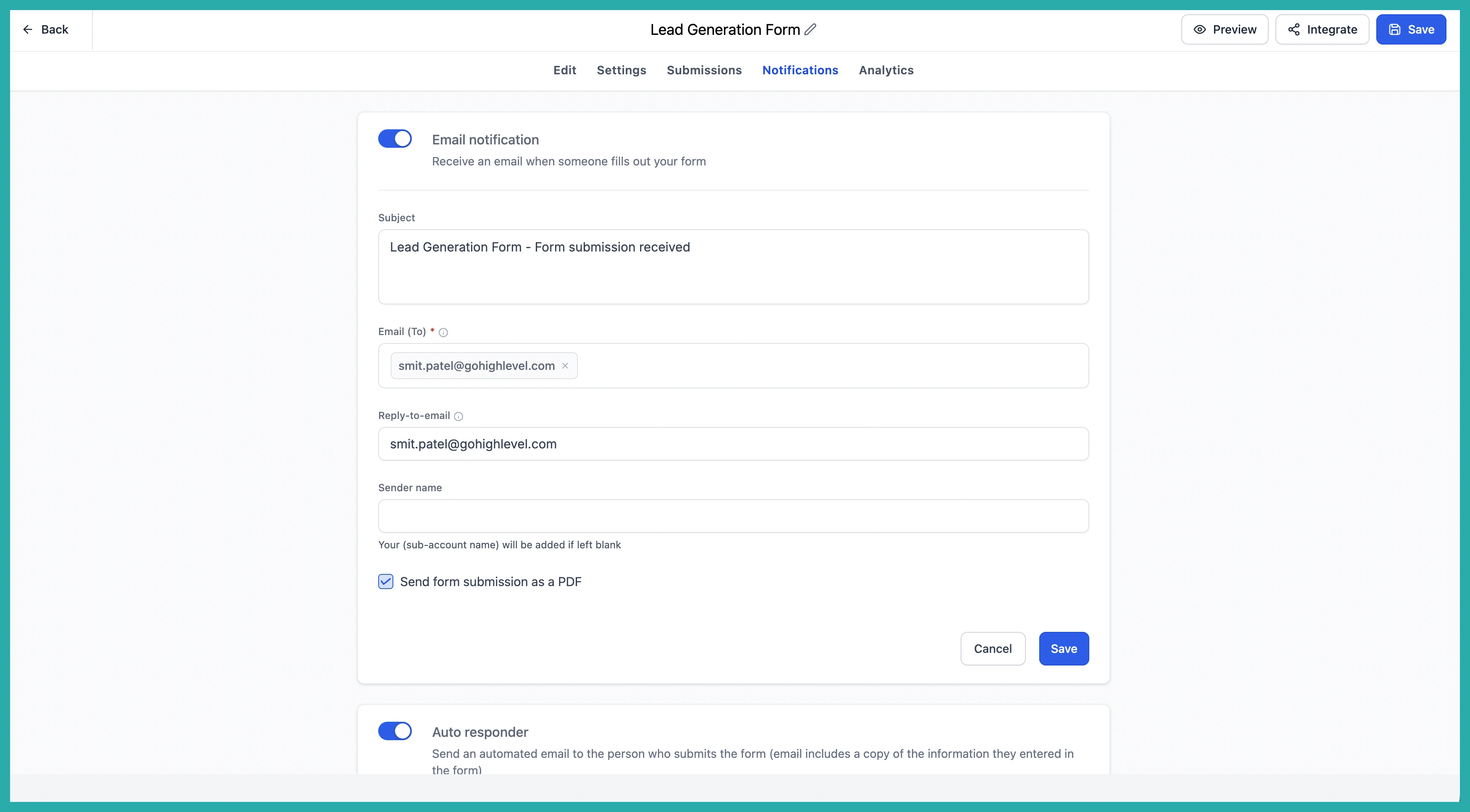 ESC Hub form builder showing the new dedicated Notifications tab