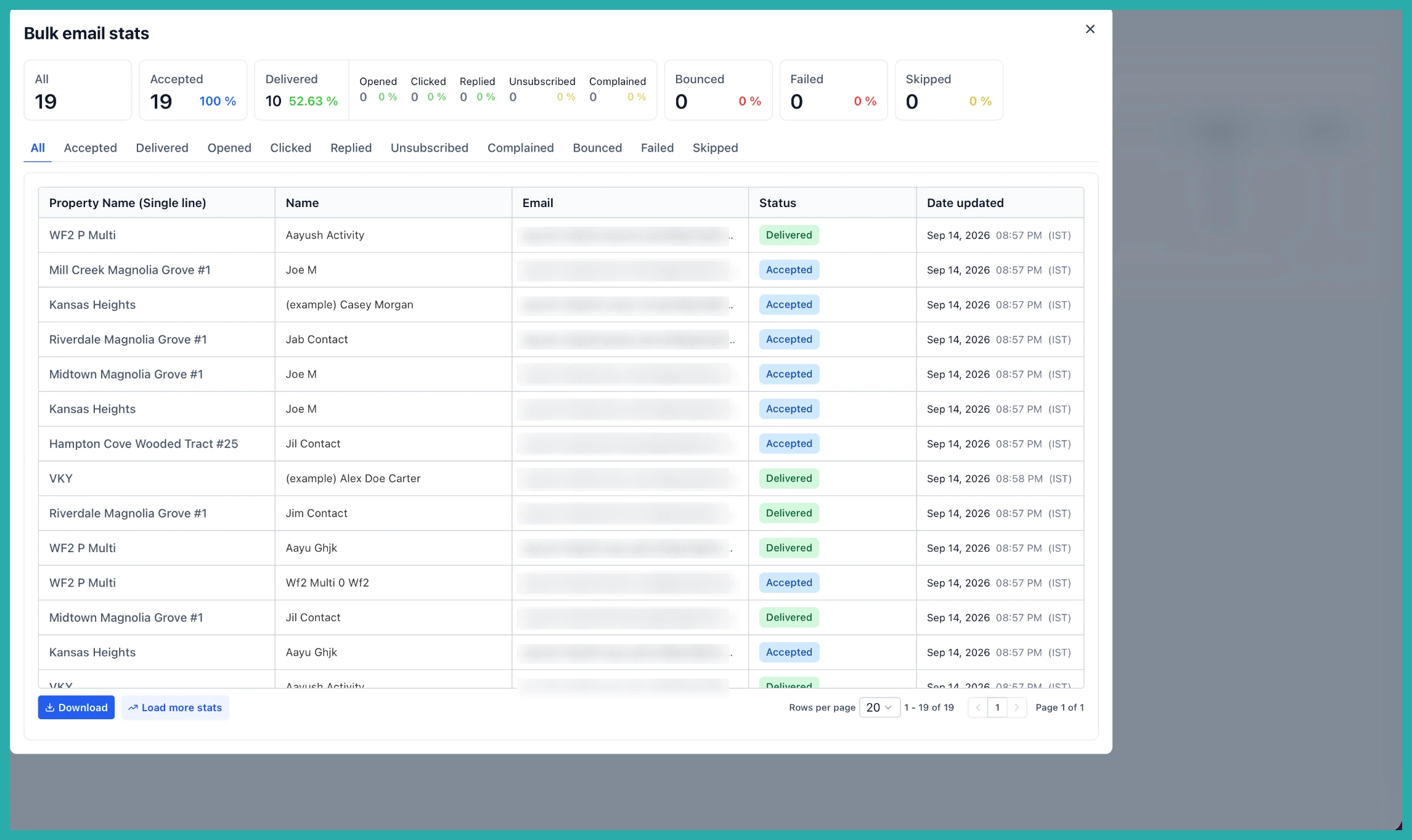 ESC Hub Companies list view showing the Send email bulk action for associated contacts