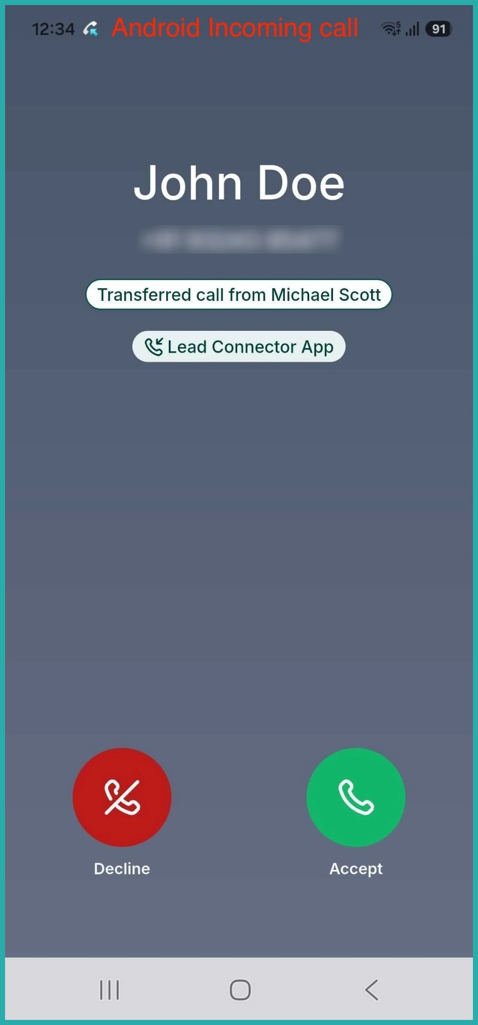 ESC Hub mobile app active call screen showing the transfer call icon and staff member list
