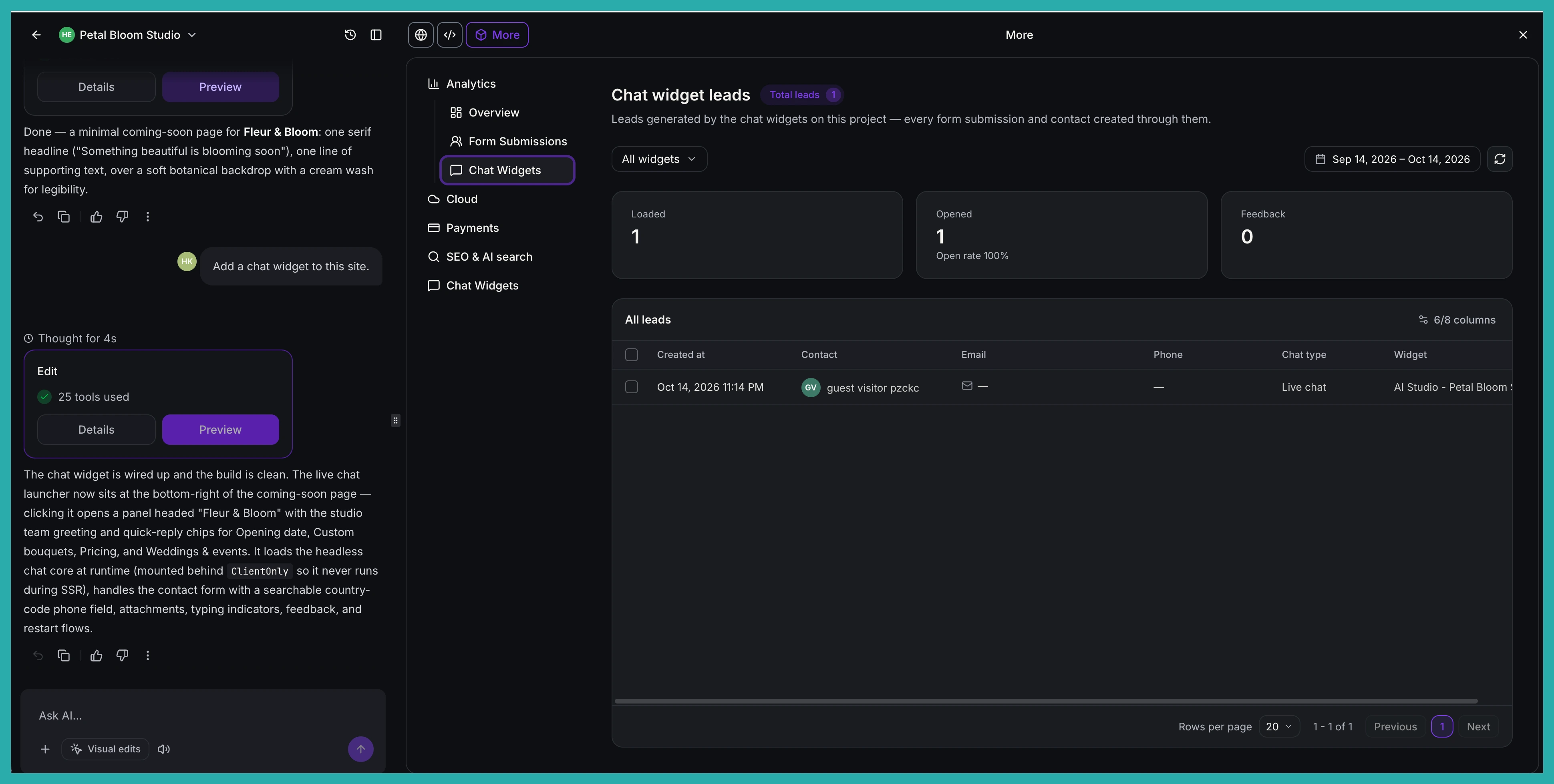 AI Studio showing a chat widget built into an app that matches the site design
