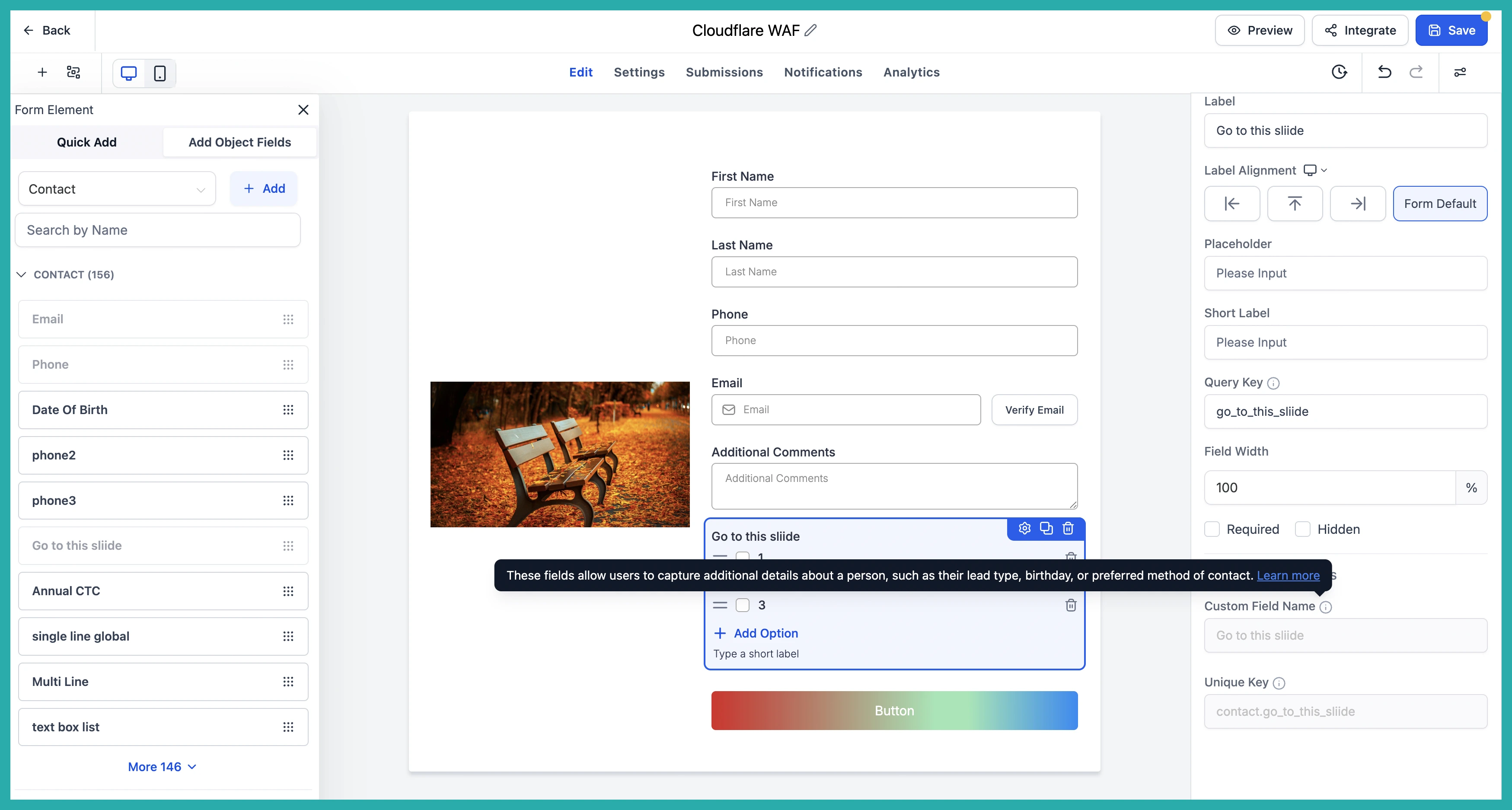 ESC Hub form builder showing the new dedicated Notifications tab