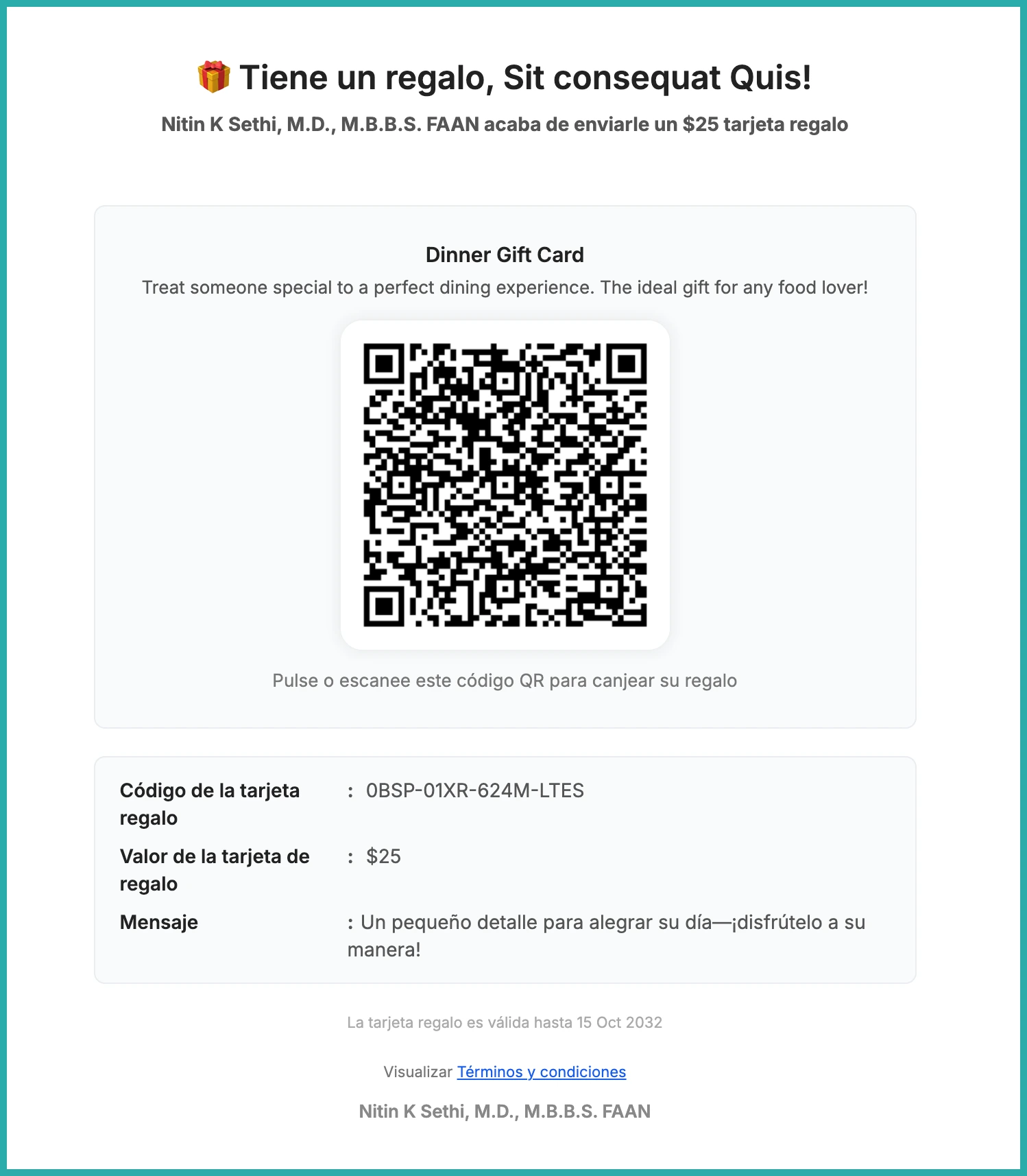 ESC Hub gift card send flow showing a localized communication preview