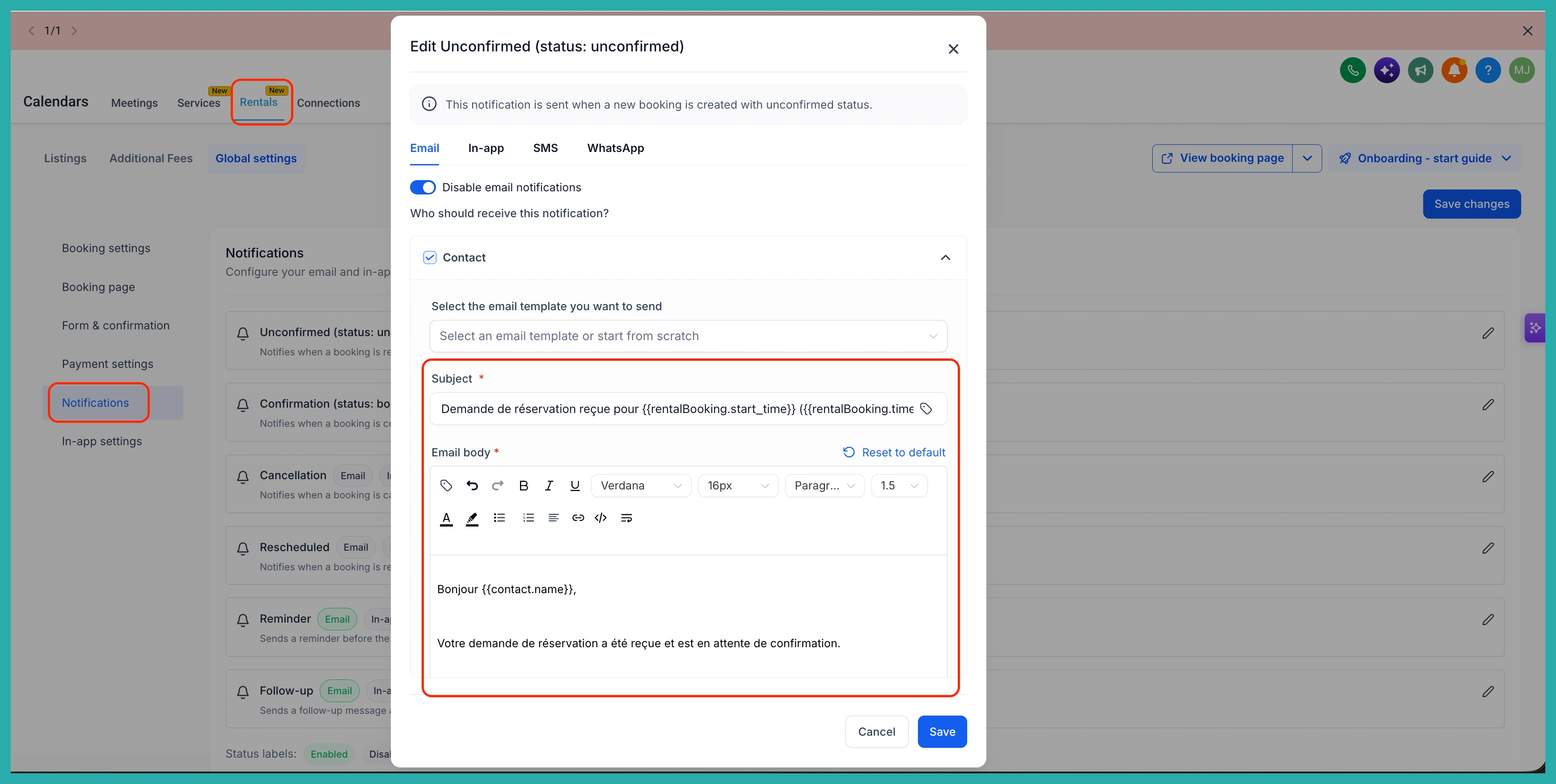 ESC Hub calendar notification settings showing localized default templates