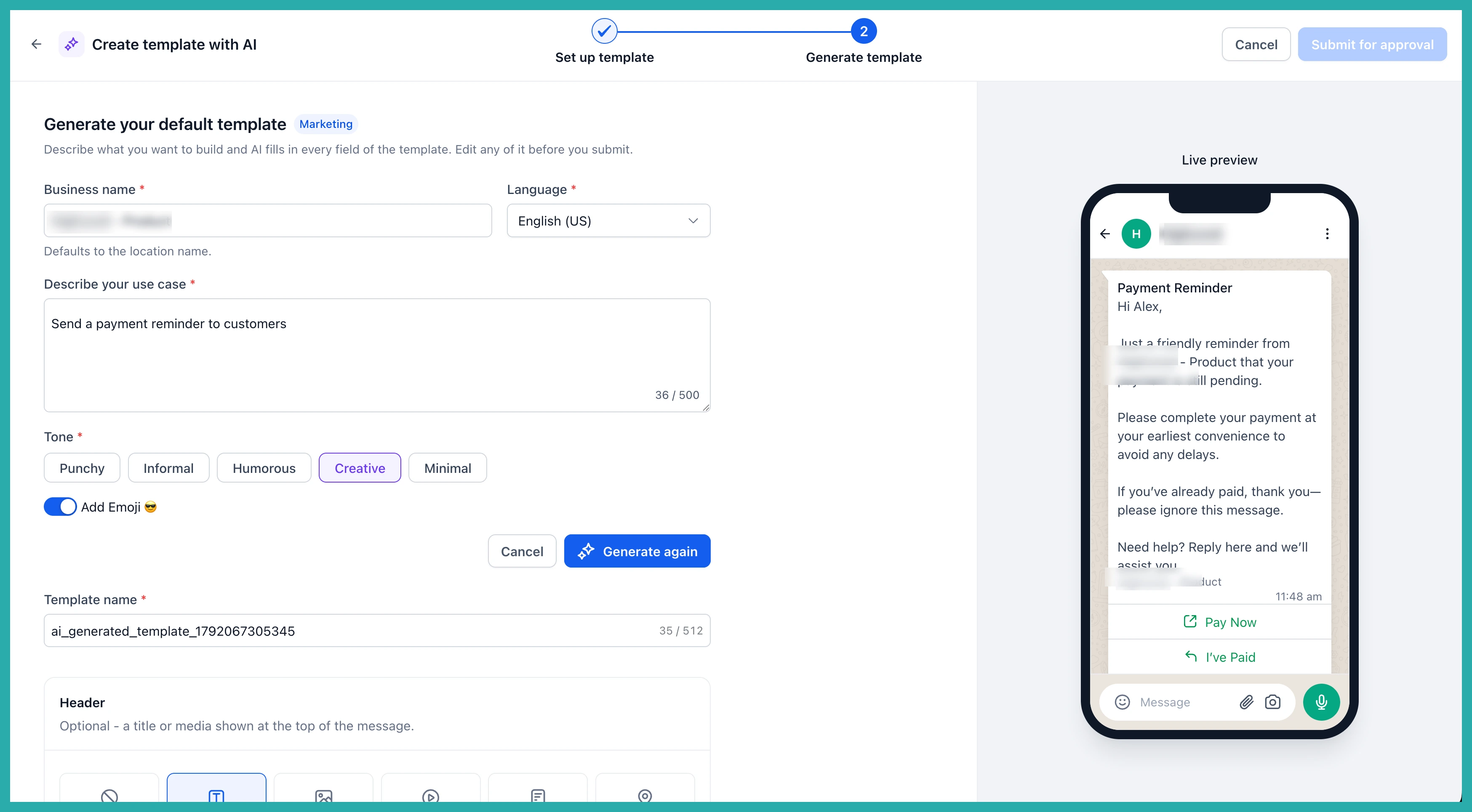 Rebuilt ESC Hub WhatsApp template builder showing a live phone preview alongside the editing fields