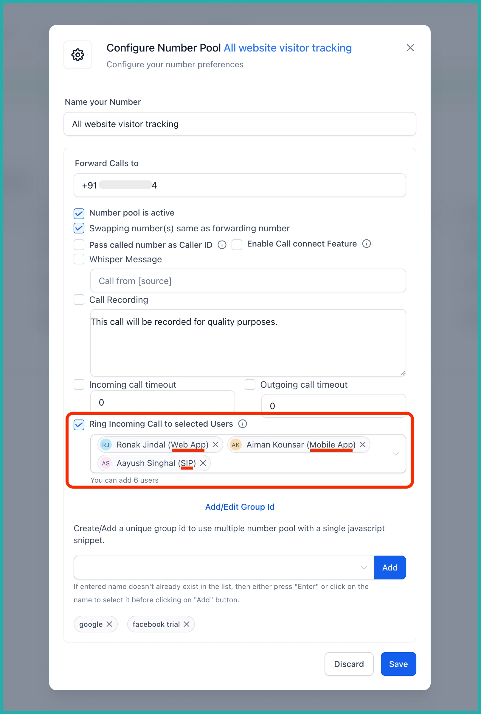 ESC Hub number pool settings showing the option to ring incoming calls to selected users
