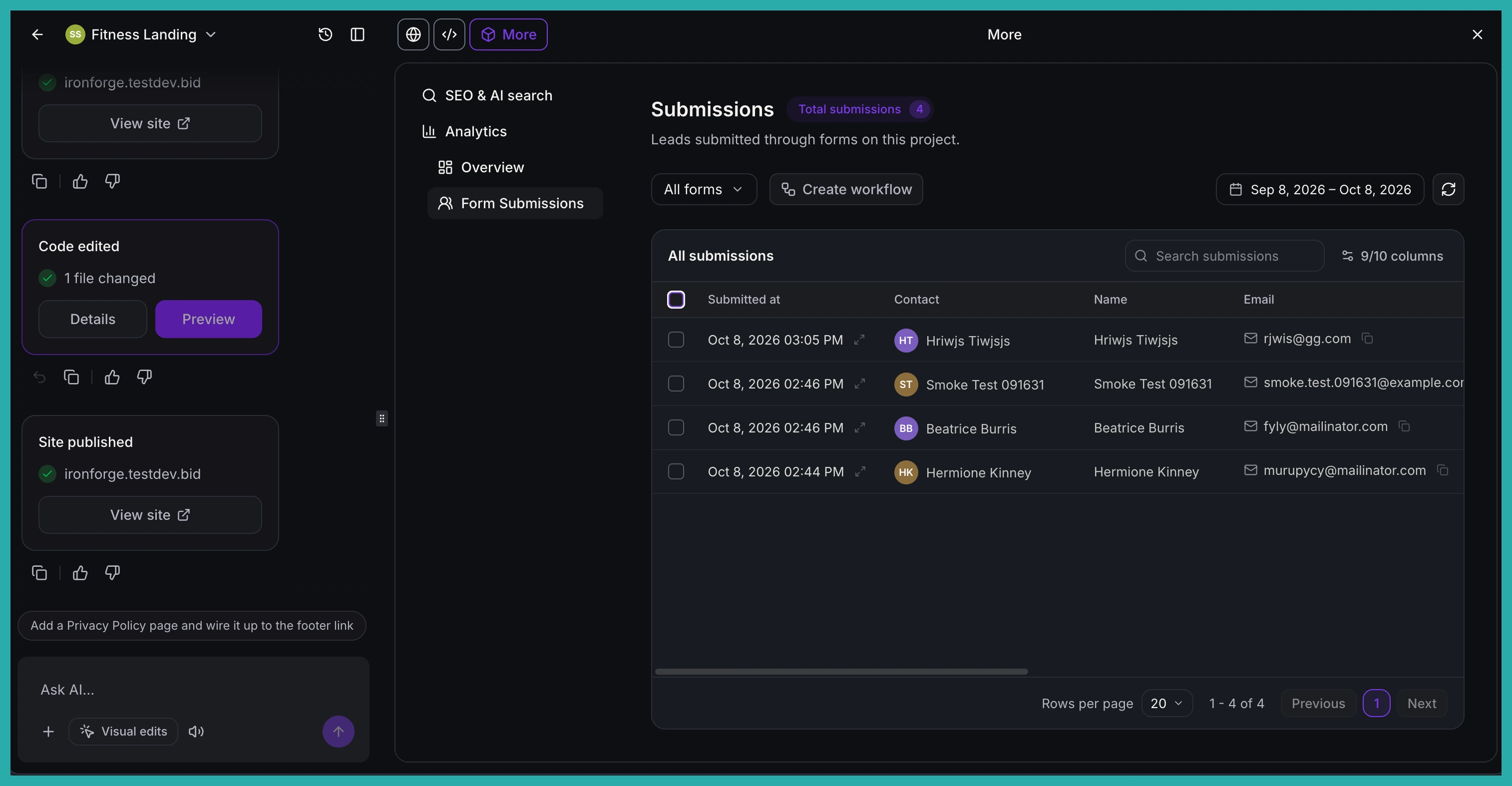 AI Studio site analytics overview showing page views, opt-ins and opt-in rate