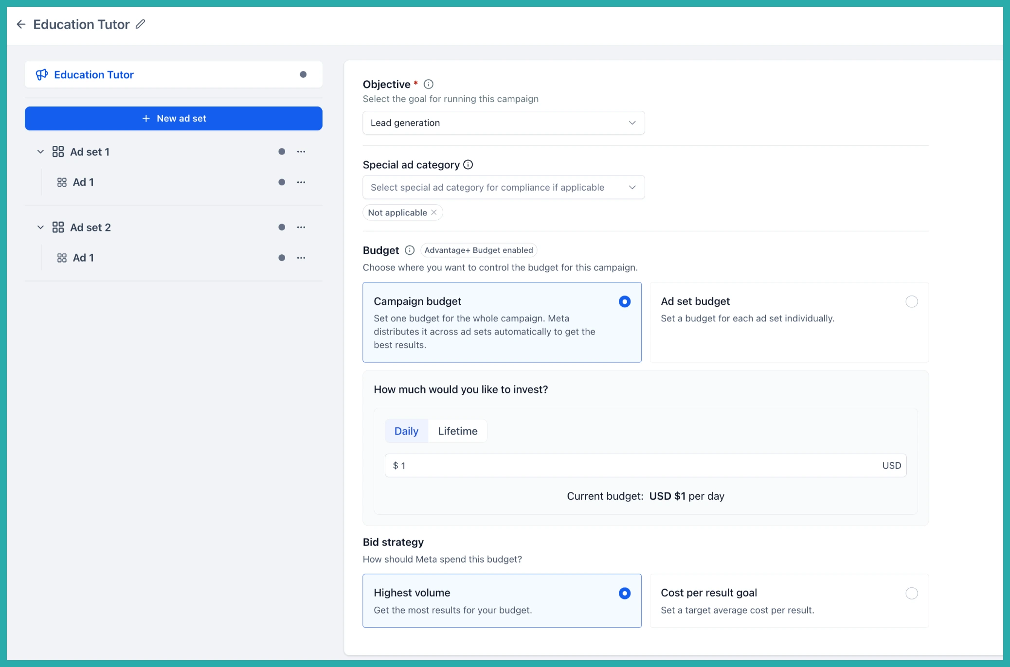 ESC Hub Ad Manager campaign builder showing Meta campaign and ad set budget options