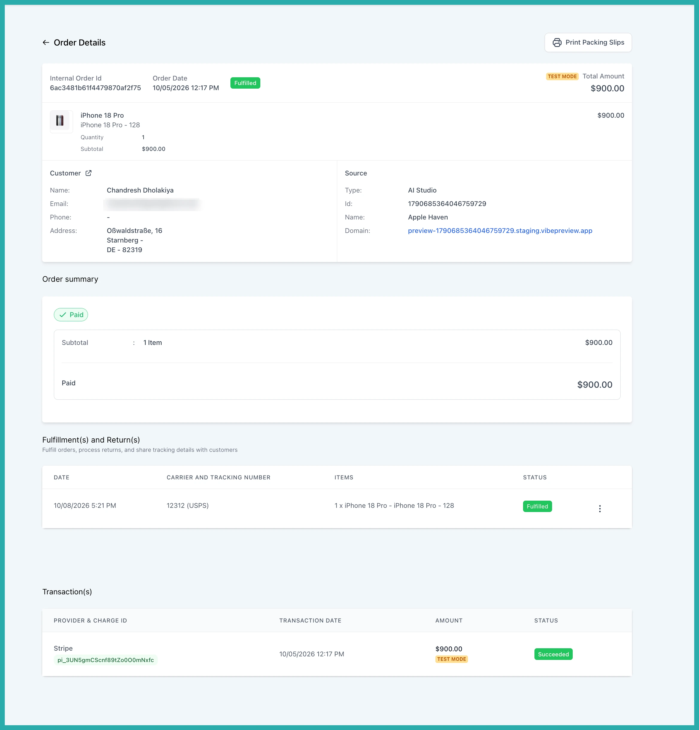 AI Studio Payments settings tab with products connected and a hosted checkout
